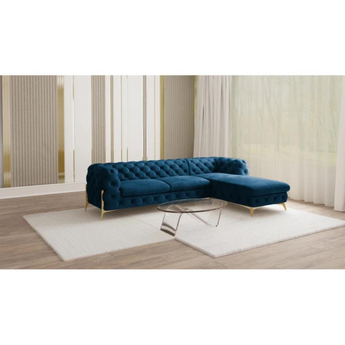 ECKSOFA Chesterfield Lexi Marineblau Samt, Ottomane rechts - Goldfarben/Dunkelblau, Holz/Textil (305/200cm) - S-Style