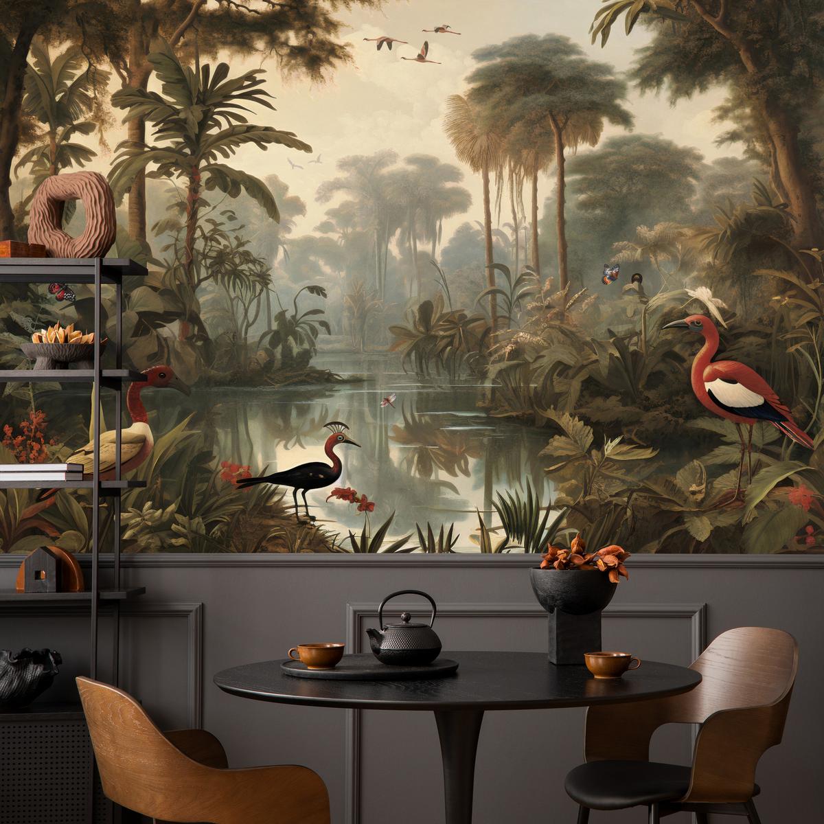 FOTOTAPETE Dschungel Tropische Pflanzen Vögel 350x256 - Gelb/Beige, Papier (350/256cm) - Muralo