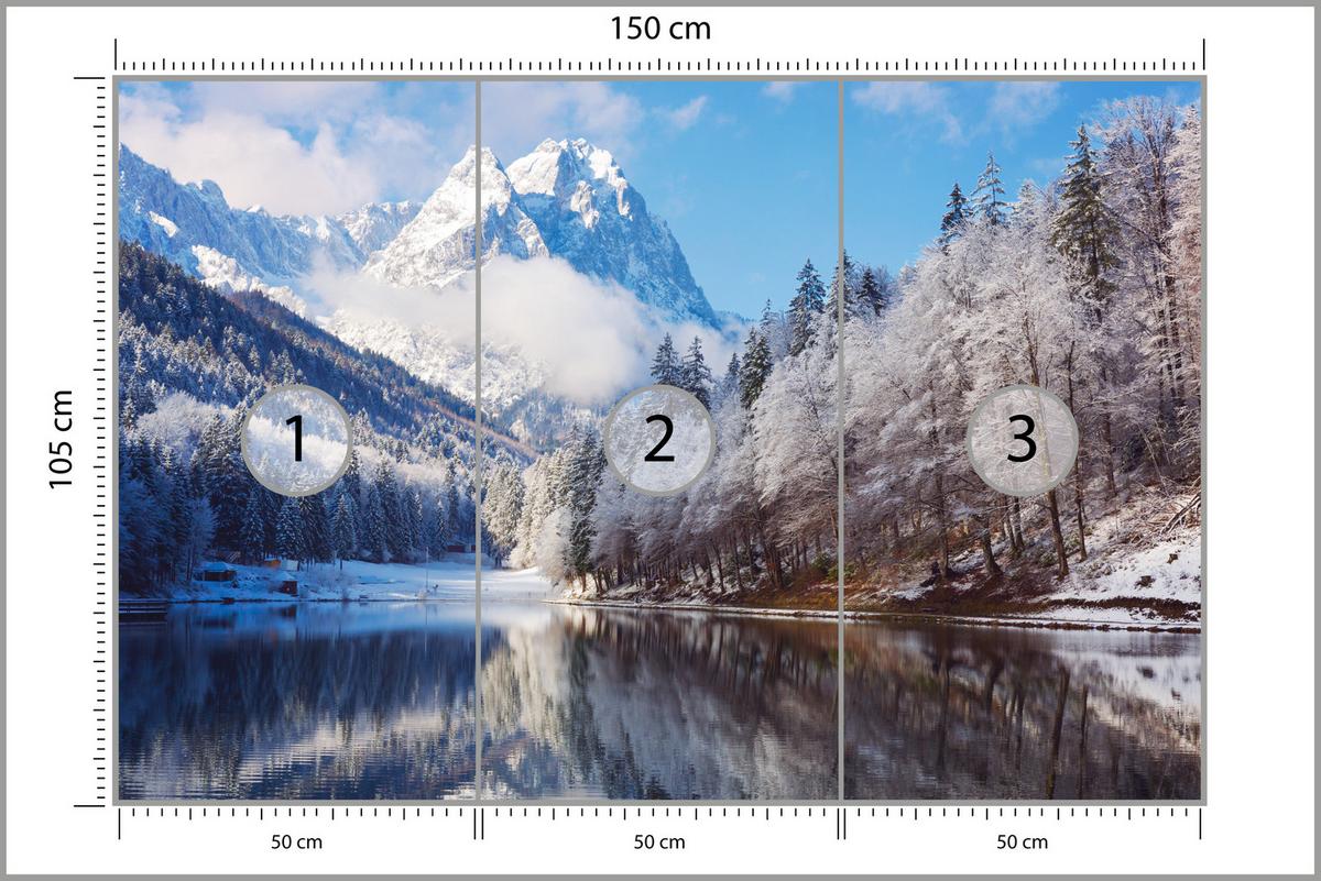 FOTOTAPETE für Wohnzimmer Winterberglandschaft See Nadelwald Schnee 150x105 - Blau/Braun, Papier (150/105cm) - Muralo