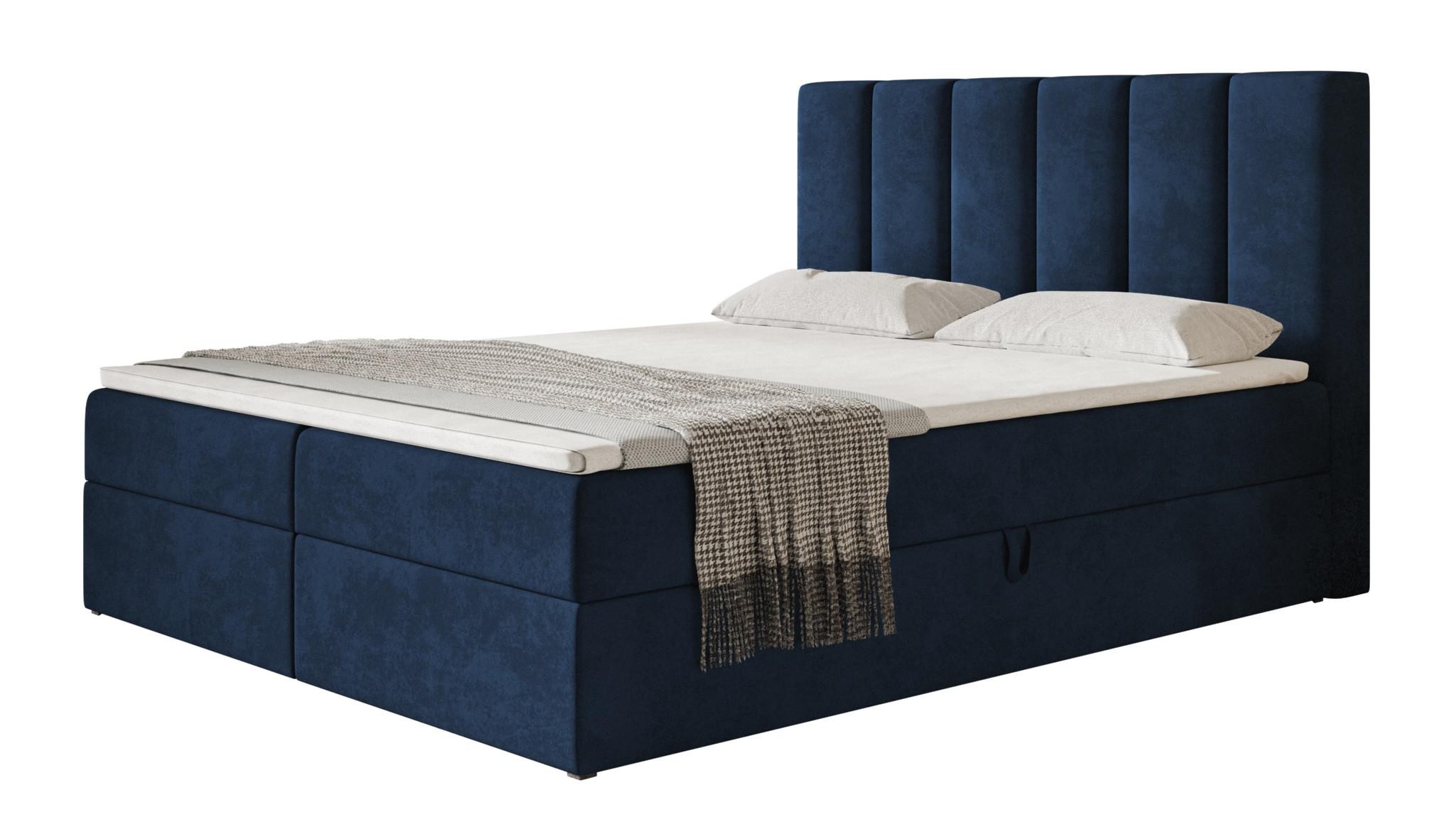 BOXBETT TOKIO mit 2 Bettkästen, 160x200, Farbe: Dunkelblau, Velourstoff, Doppelbett mit Bonell-Matratze - Dunkelblau, Holz/Kunststoff (160/200cm) - Alpi-Möbel