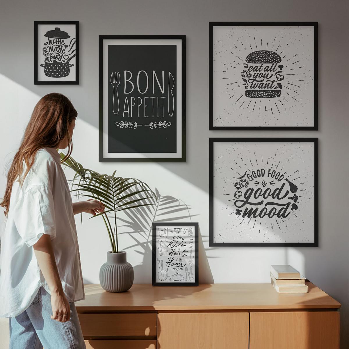 BILDER SET 5er Set - 50x50 cm & 20x30 cm & 40x60 cm Schwarzer Rahmen - Grafiken, Lebensmittel, kulinarische Slogans - Schwarz, Kunststoff (40/60cm) - TULUP