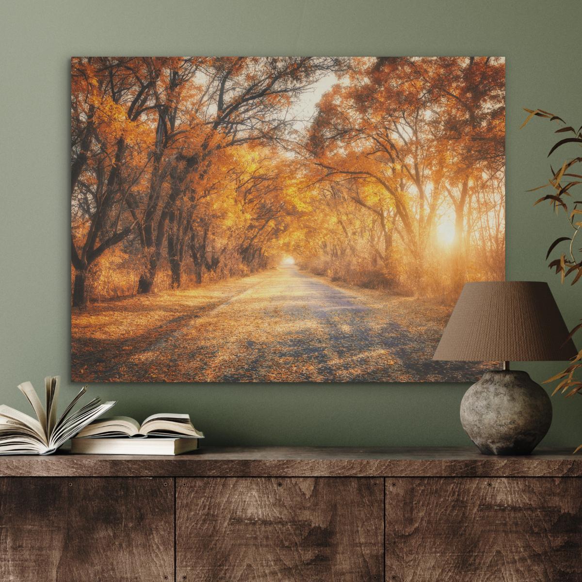 AKUSTIKBILD Wald - Herbst - Bäume - Waldweg - Natur Gemälde 80x60 cm - Bernsteinfarben, Kunststoff (80/60/0.9cm) - MuchoWow