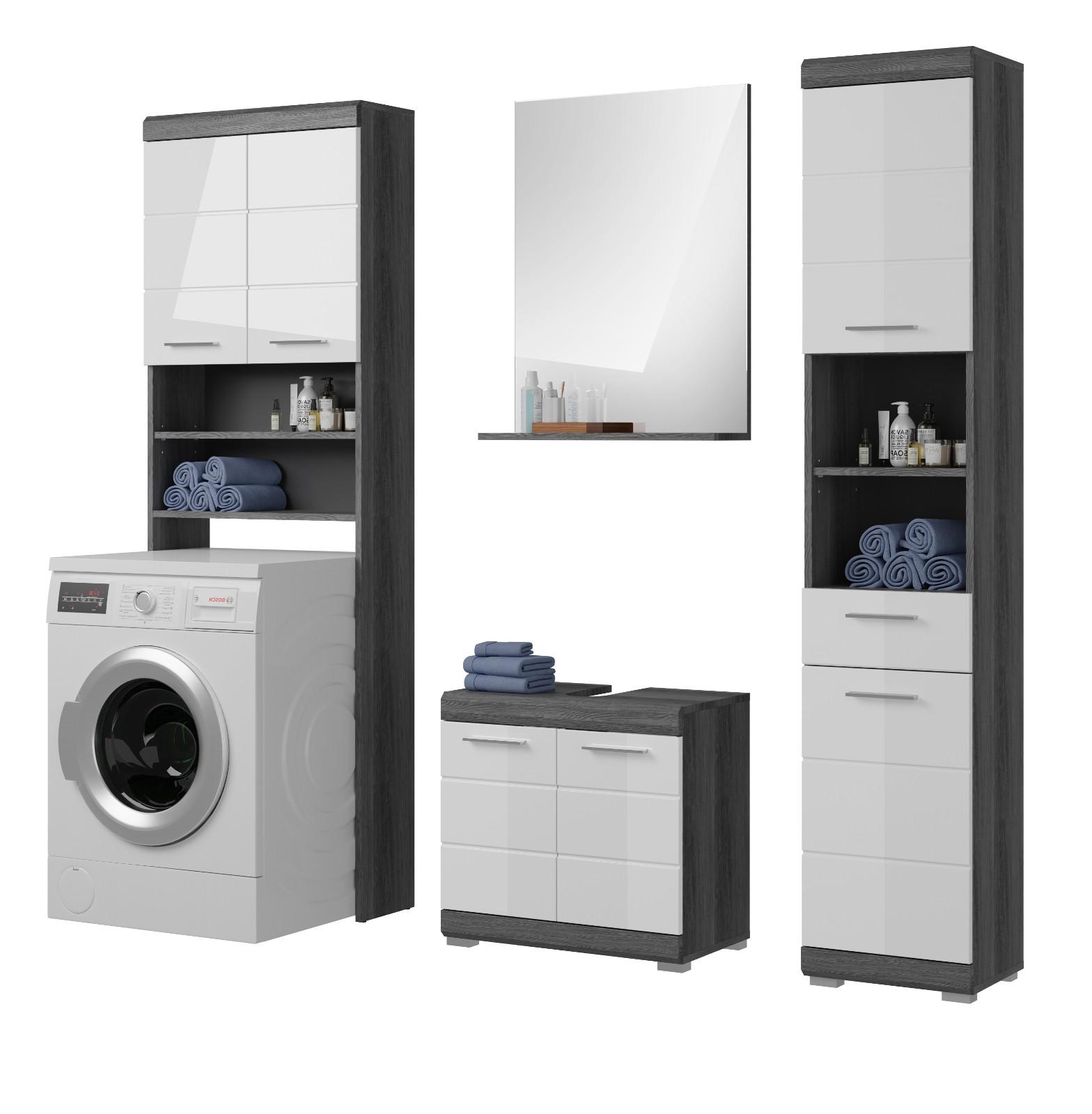 BADMÖBEL-SET weiß Hochglanz, grau 4-teilig 190 cm, Komplettset mit 14 Fächern - Weiß Hochglanz/Grau, Holzwerkstoff (190/191/34cm) - Inn.Furn