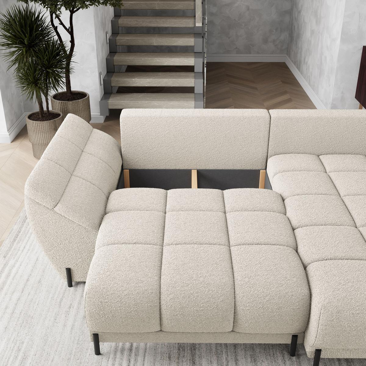 ECKSOFA VESTANO R-S Creme Boucle-Stoff mit Schlaffunktion - Creme, Holz (287/182cm) - MASSENO