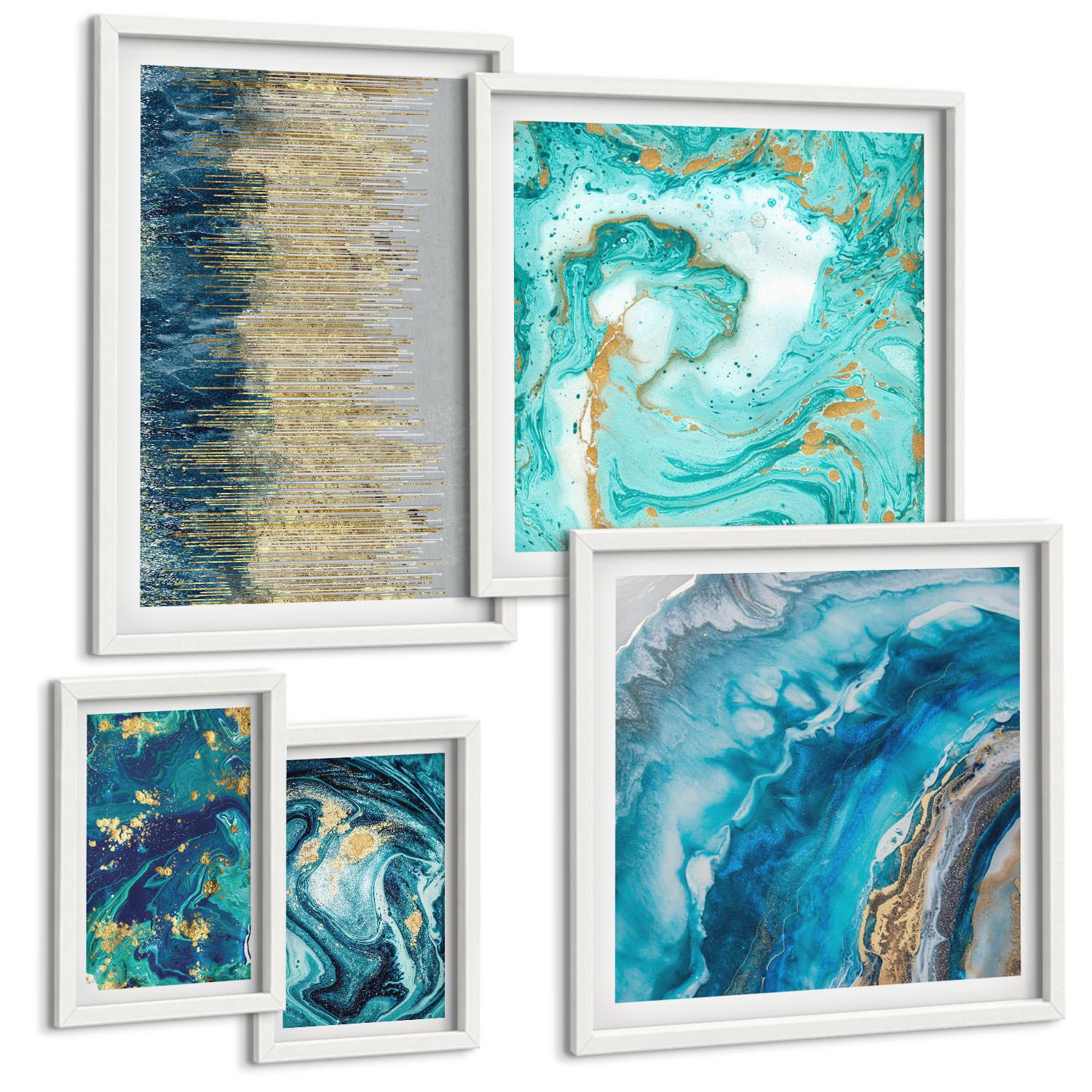 BILDER SET 5er Set - 50x50 cm & 20x30 cm & 40x60 cm Weißer Rahmen - Wilde Landschaften, Berge, Hirsche - Weiß, Kunststoff (40/60cm) - TULUP