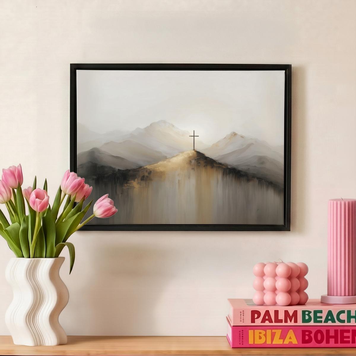 LEINWAND Bilder mit Rahmen - Hügel - Abstrakt - Kreuz - Christentum - 40x30 - Beige, Textil (40/30cm) - MuchoWow