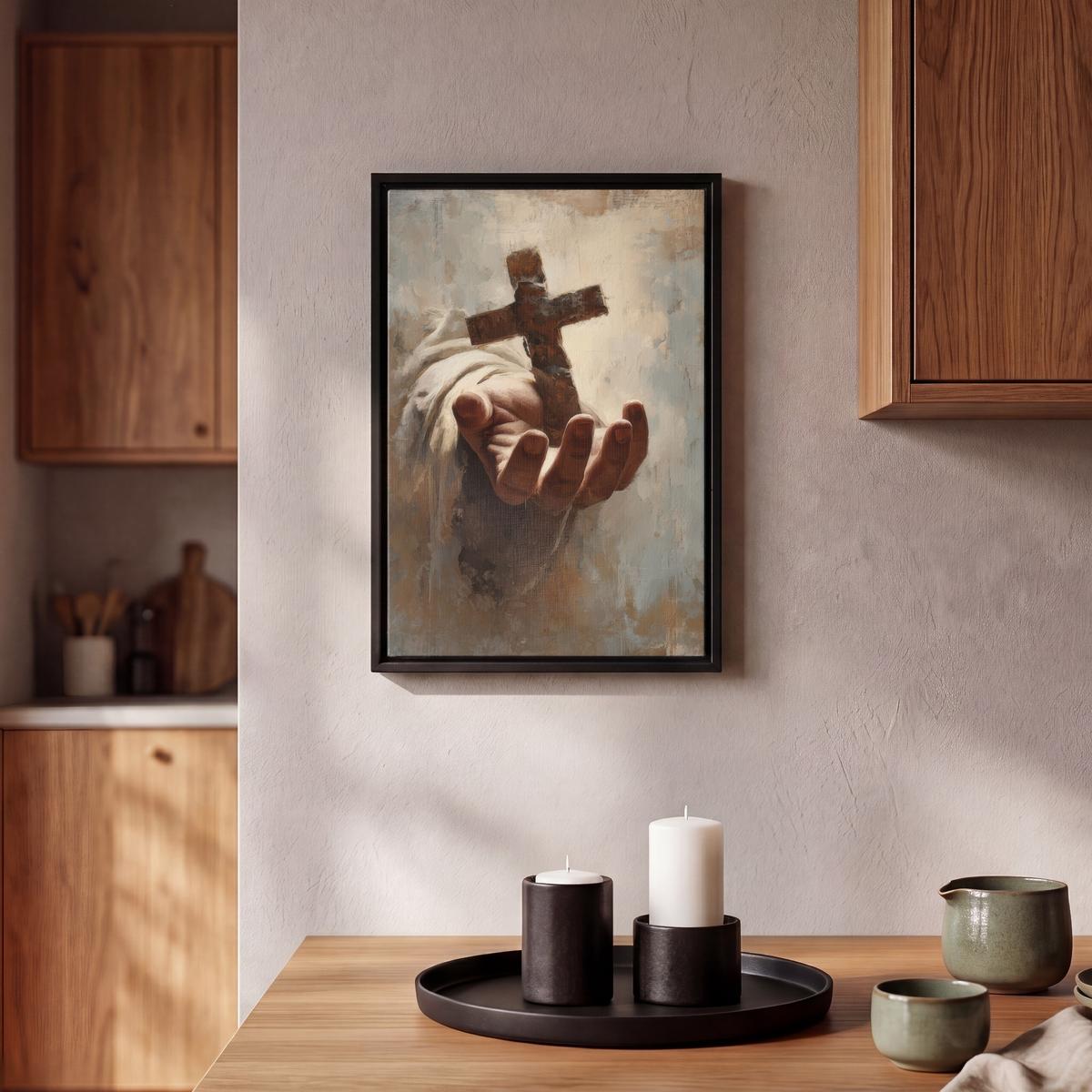 LEINWAND Bilder mit Rahmen - Abstrakt - Kreuz - Hand - Christentum - 20x30 - Hellbraun, Textil (20/30cm) - MuchoWow