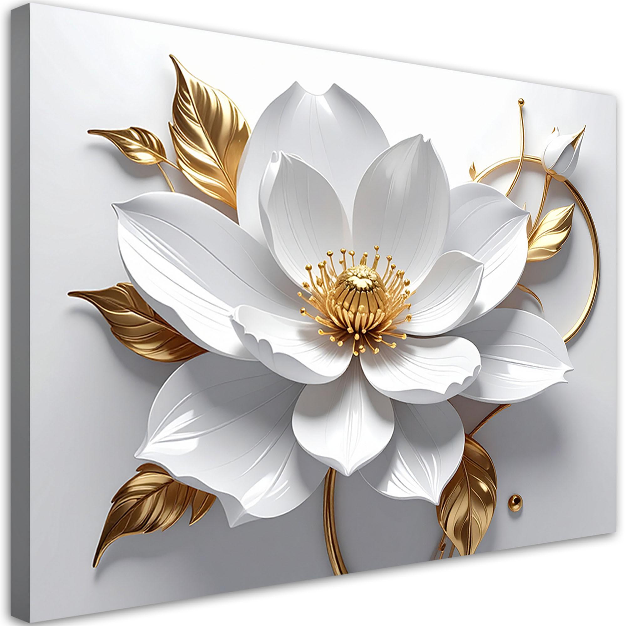 LEINWANDBILDER, Weiße Blumen goldene Blätter 3D - Weiß, Textil (60/40cm) - Feeby