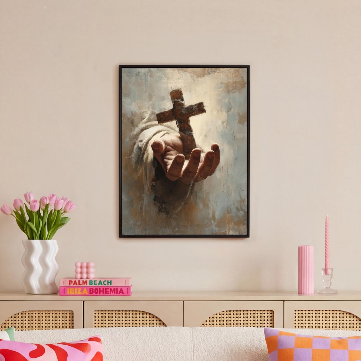 LEINWAND Bilder mit Rahmen - Abstrakt - Kreuz - Hand - Christentum - 60x80 - Hellbraun, Textil (60/80cm) - MuchoWow