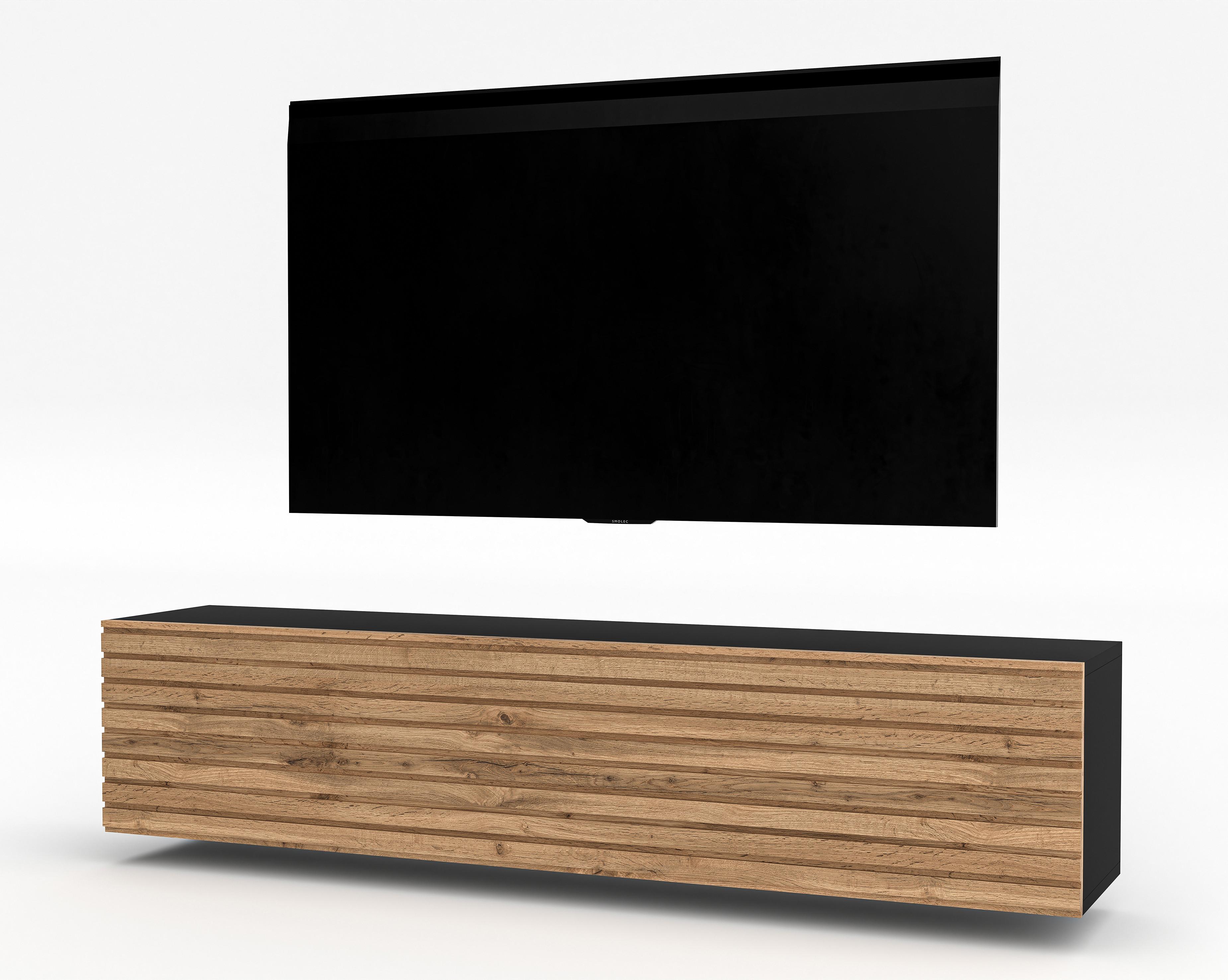 LOWBOARD ZIVOLLI 160 Schwarz, Wotan Lamellen 160/34/40 cm – TV-Hängeschrank mit Lamellenfront - Hellbraun/Schwarz, Holzwerkstoff/Kunststoff (160/34/40cm) - AX Living