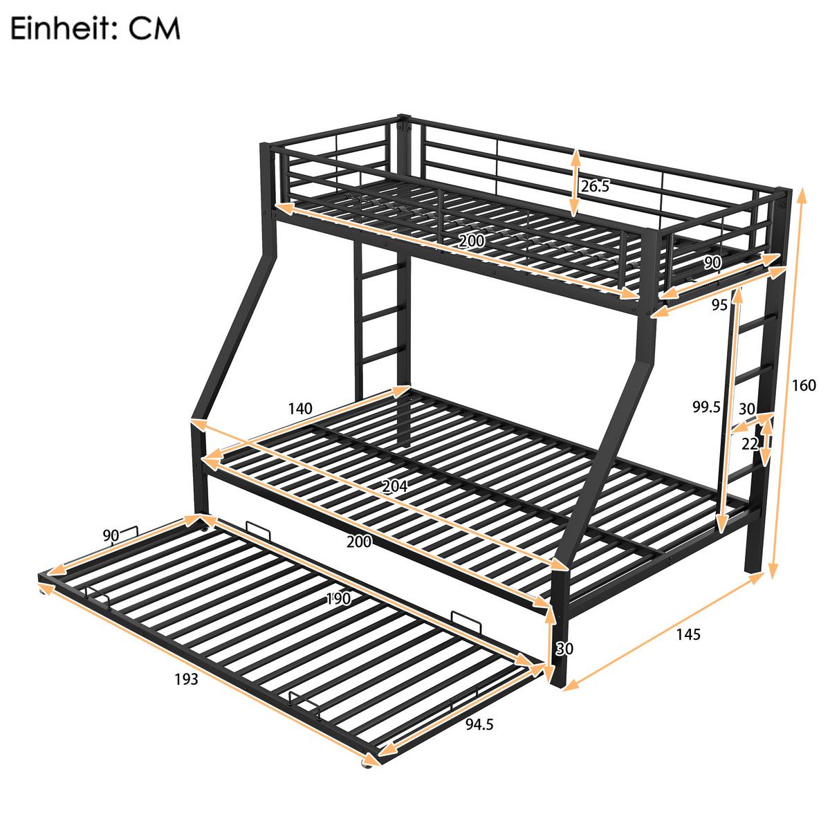 ETAGENBETT metall schwarz 90x200cm mit ausziehbett - Schwarz, Metall (90/200cm) - Urban Meuble