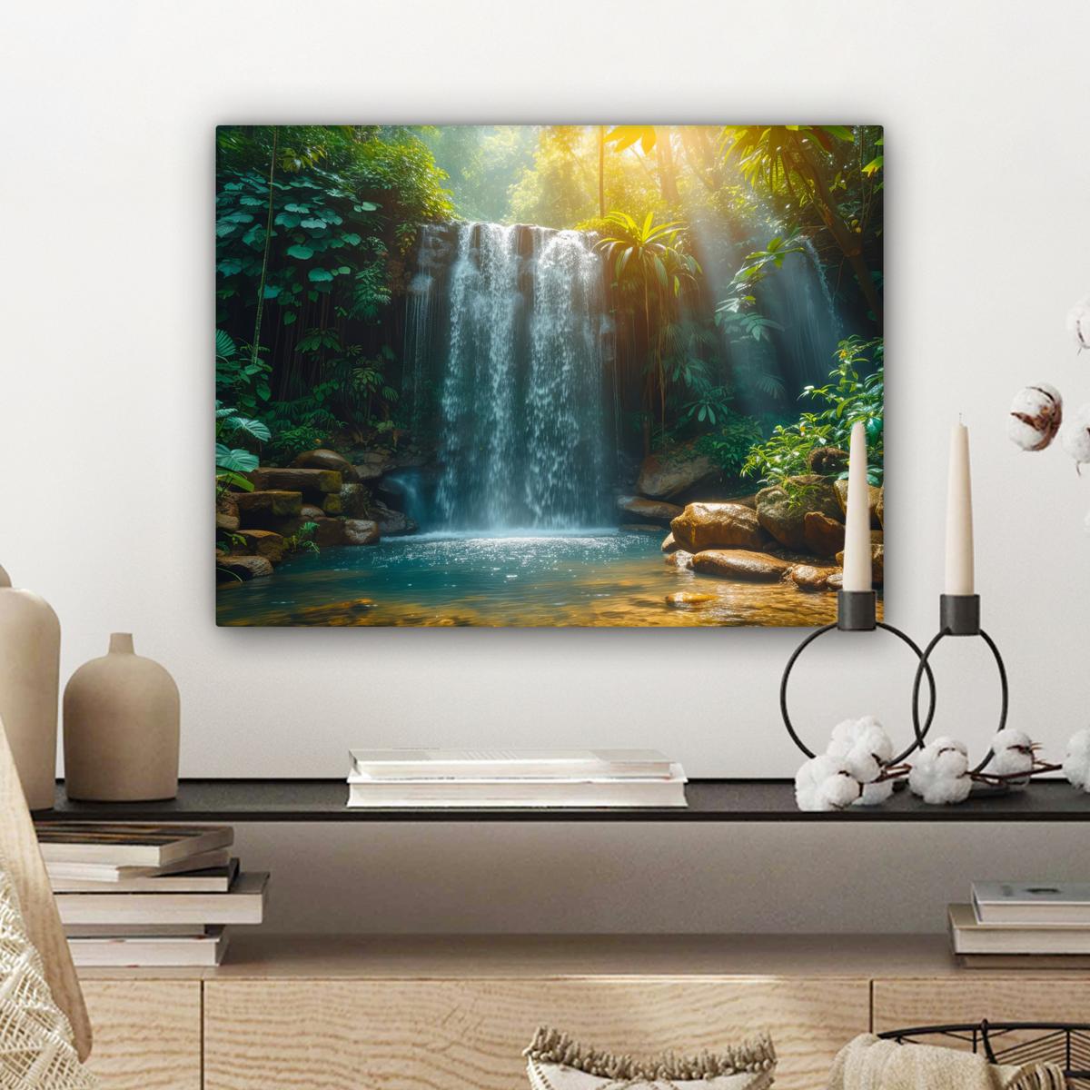 LEINWANDBILD Wasserfall - Dschungel - Sonne - Grün - Natur Wandbild 40x30 cm - Grün, Textil (40/30cm) - MuchoWow