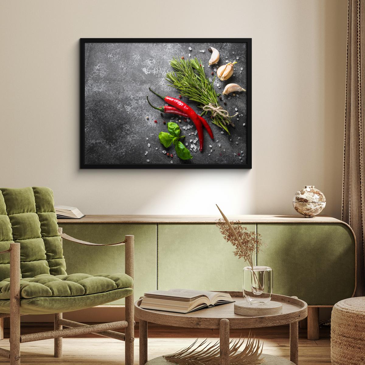 POSTER MIT RAHMENGERAHMTES BILD Pfeffer - Kräuter - Gewürze - Beton 80x60 cm - Dunkelgrau, Papier (80/60cm) - MuchoWow