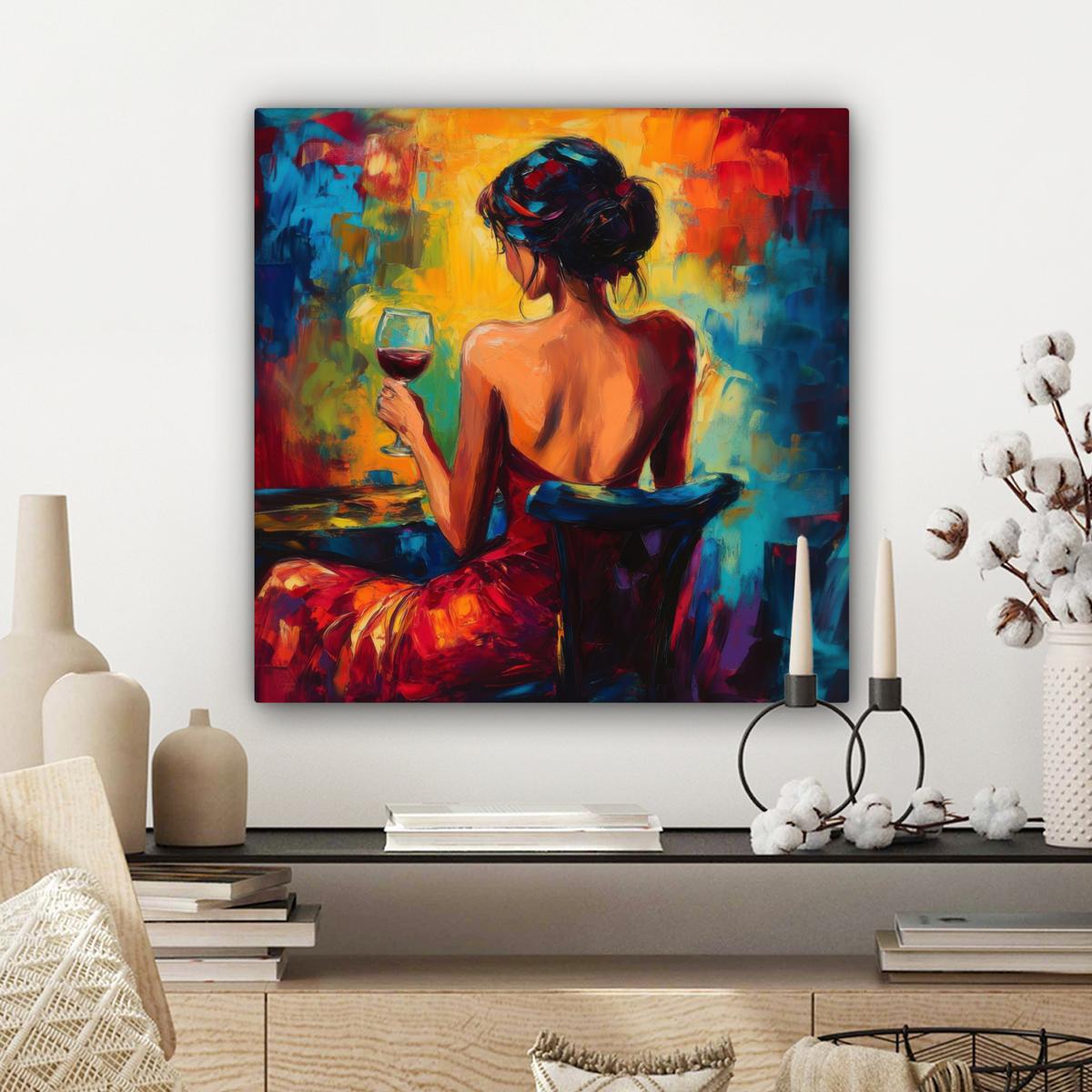 LEINWANDBILD Wein - Frau - Stimmungsvoll - Farbenfroh Wandbild Wohnzimmer 50x50 cm - Bordeaux, Textil (50/50cm) - MuchoWow