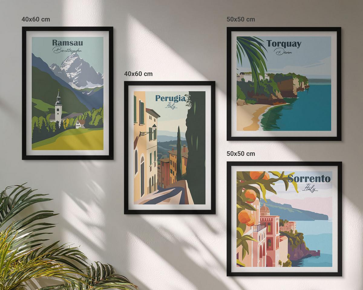 BILDER SET 4er Set - 50x50 cm & 40x60 cm Schwarzer Rahmen - Berglandschaften und Städte - Schwarz, Kunststoff (50/50cm) - TULUP