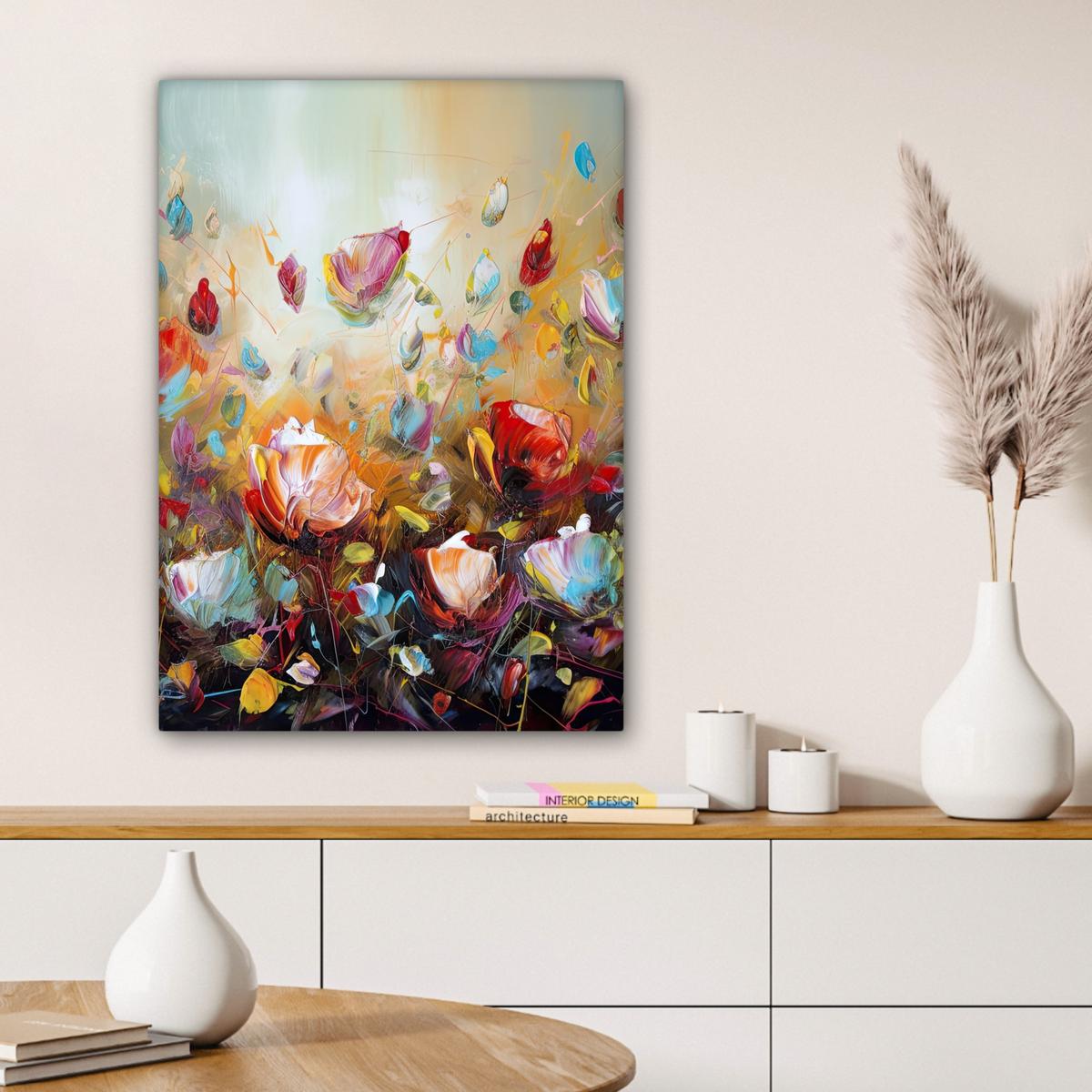 LEINWANDBILD Blumen - Kunst - Natur - Ölgemälde Wandbild Wohnzimmer 60x80 cm - Multicolor, Textil (60/80cm) - MuchoWow