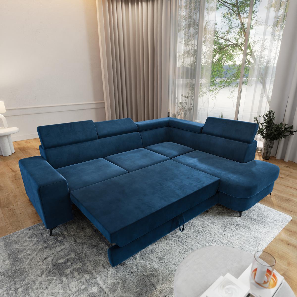 ECKSOFA ALVORO R-S Blau Velours-Stoff mit Schlaffunktion - Blau, Holz (253/190cm) - MASSENO