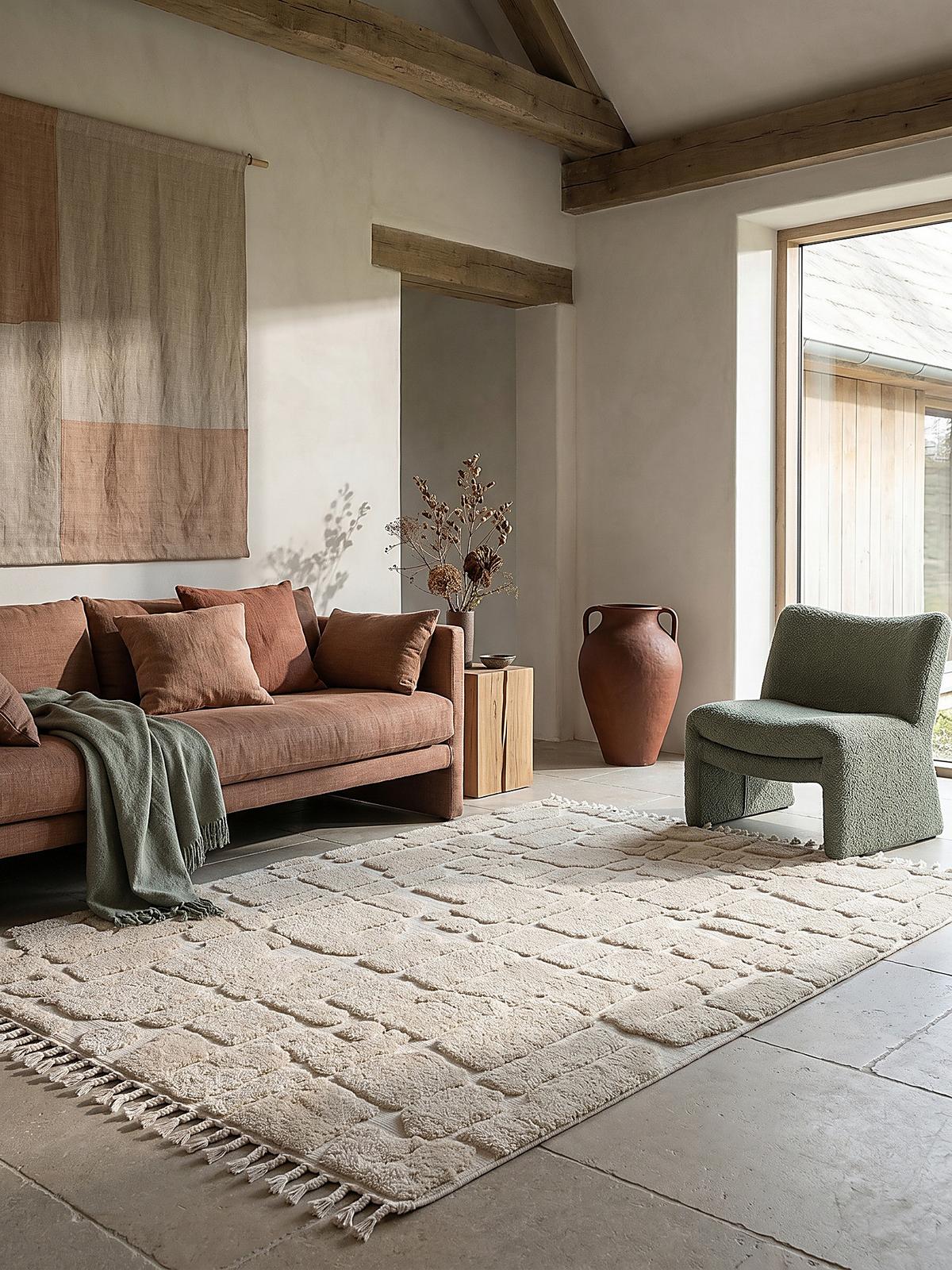 HOCHFLORTEPPICH mit Fransen MARA, geometrisch, Creme, 160 x 230 cm - Beige, Textil (230/160cm) - KADIMA DESIGN