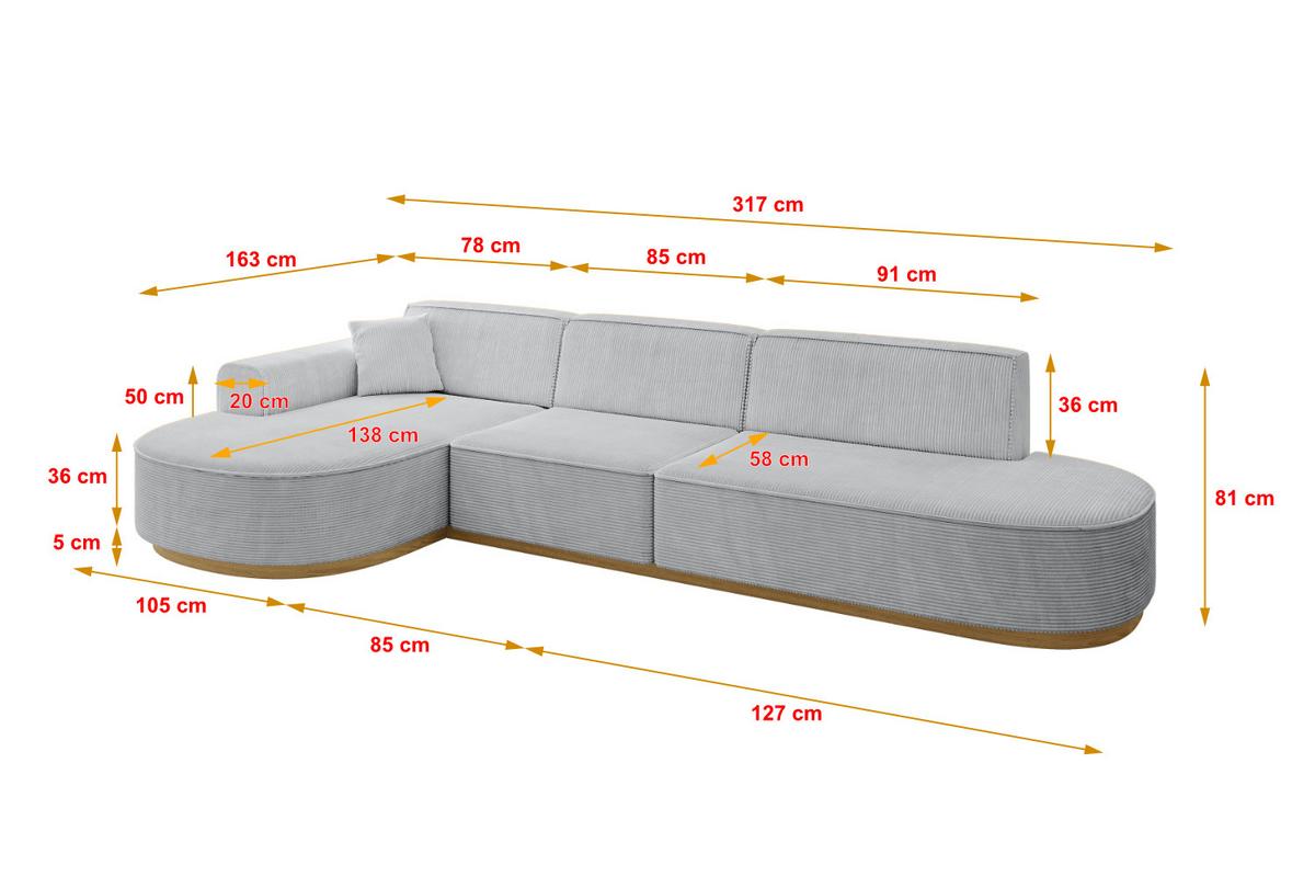 ECKSOFA Ottomane Links MARI-L2-v2 - 328x171x83 cm Grau Cord - Grau, Holzwerkstoff/Textil (328/171cm) - ALTDECOR