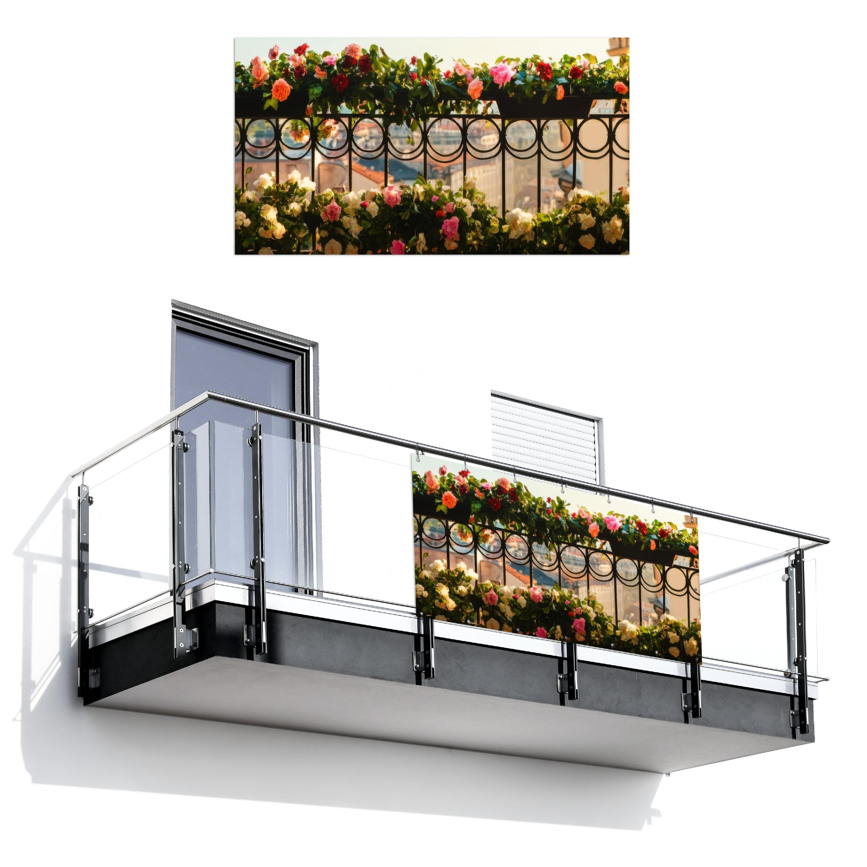 BALKON-SICHTSCHUTZ Blumen - Zaun - Stadtbild - Sommer Witterungsbeständig 200x110 cm - Pink, Kunststoff (200/110cm) - MuchoWow