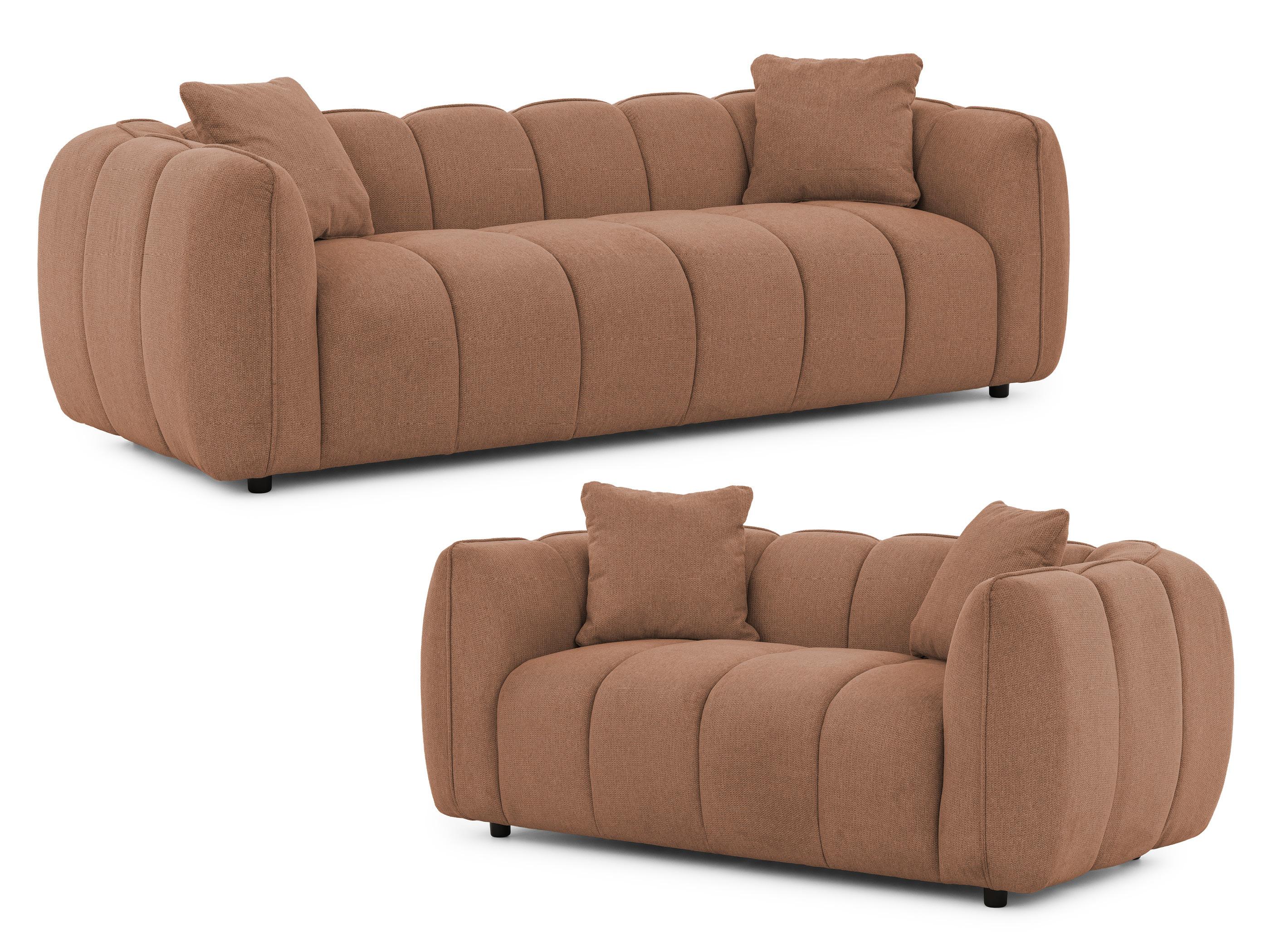 SITZGARNITUR 3+2 Nubira in tief gesteppter Bubble-Optik aus weichem Terrakotta Strukturstoff im modernen Design - Terracotta/Schwarz, Holz/Kunststoff (228/69/89cm) - S-Style Möbel