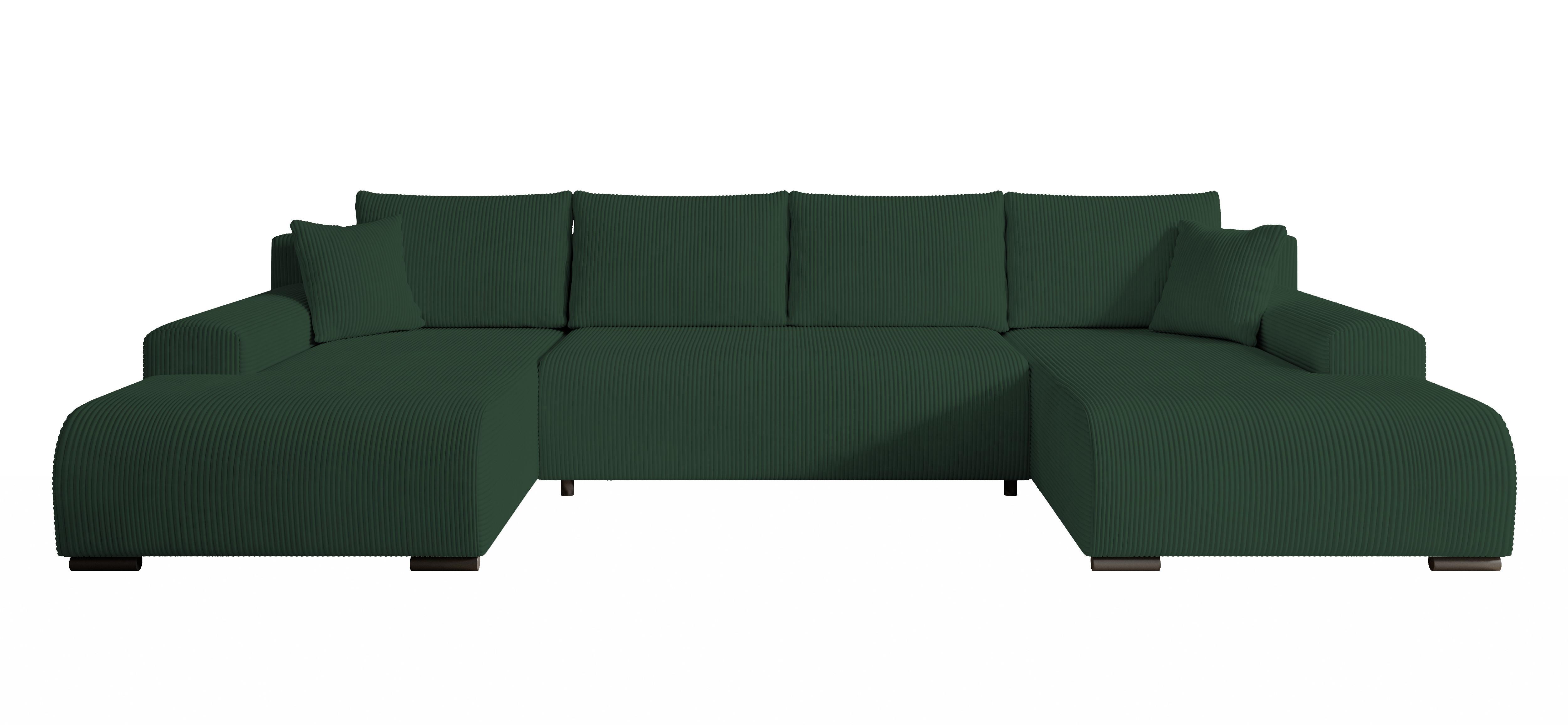 WOHNLANDSCHAFT Nelly U mit Bettkasten und Schlaffunktion, Cordstoff in U-Form - Grün, Textil (349/80/185cm)