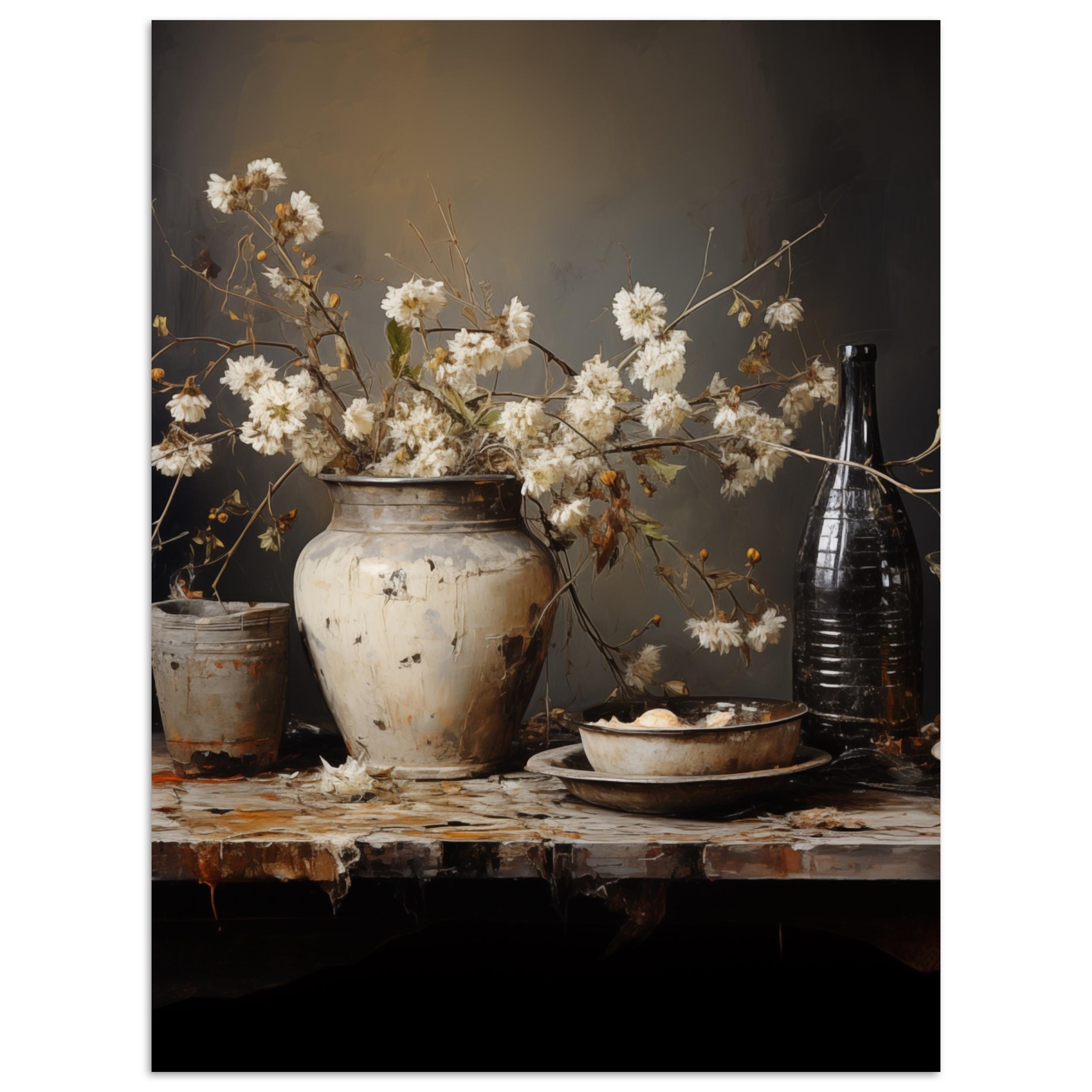 POSTER Stilleben - Blumen - Blumenstrauß - Vase - Wein Deko Wohnzimmer 60x80 cm - Schwarz, Papier (60/80/0.1cm) - MuchoWow