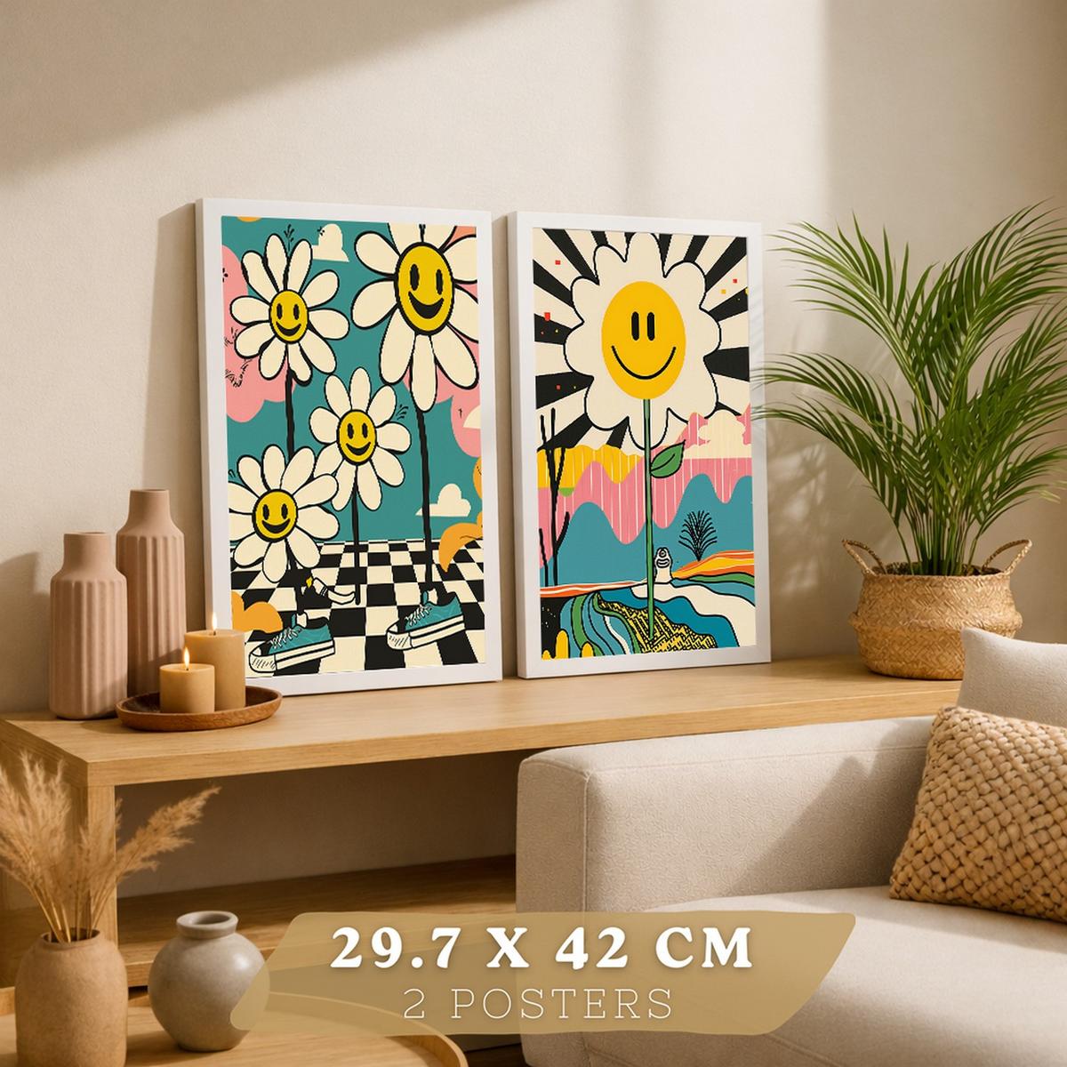 POSTER 4er Kunstdruck-Set Wandbilder Smiley Blume modern Wohnzimmer Deko, Schlafzimmer, Küche, Badezimmer Weißer Rahmen A4 - Weiß, Papier (29.7/1/21cm) - Nacnic