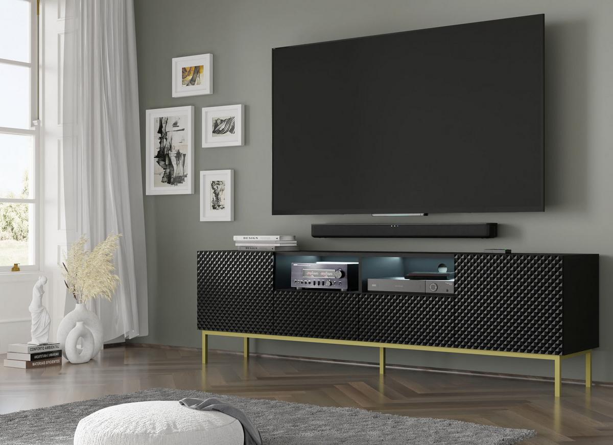 TV LOWBOARD Schwarz, Schwarz Hochglanz, Gold 200/58/42 - Schwarz Hochglanz/Schwarz, Holzwerkstoff (200/58/42cm) - RAUMHIRSCH FURNITURE