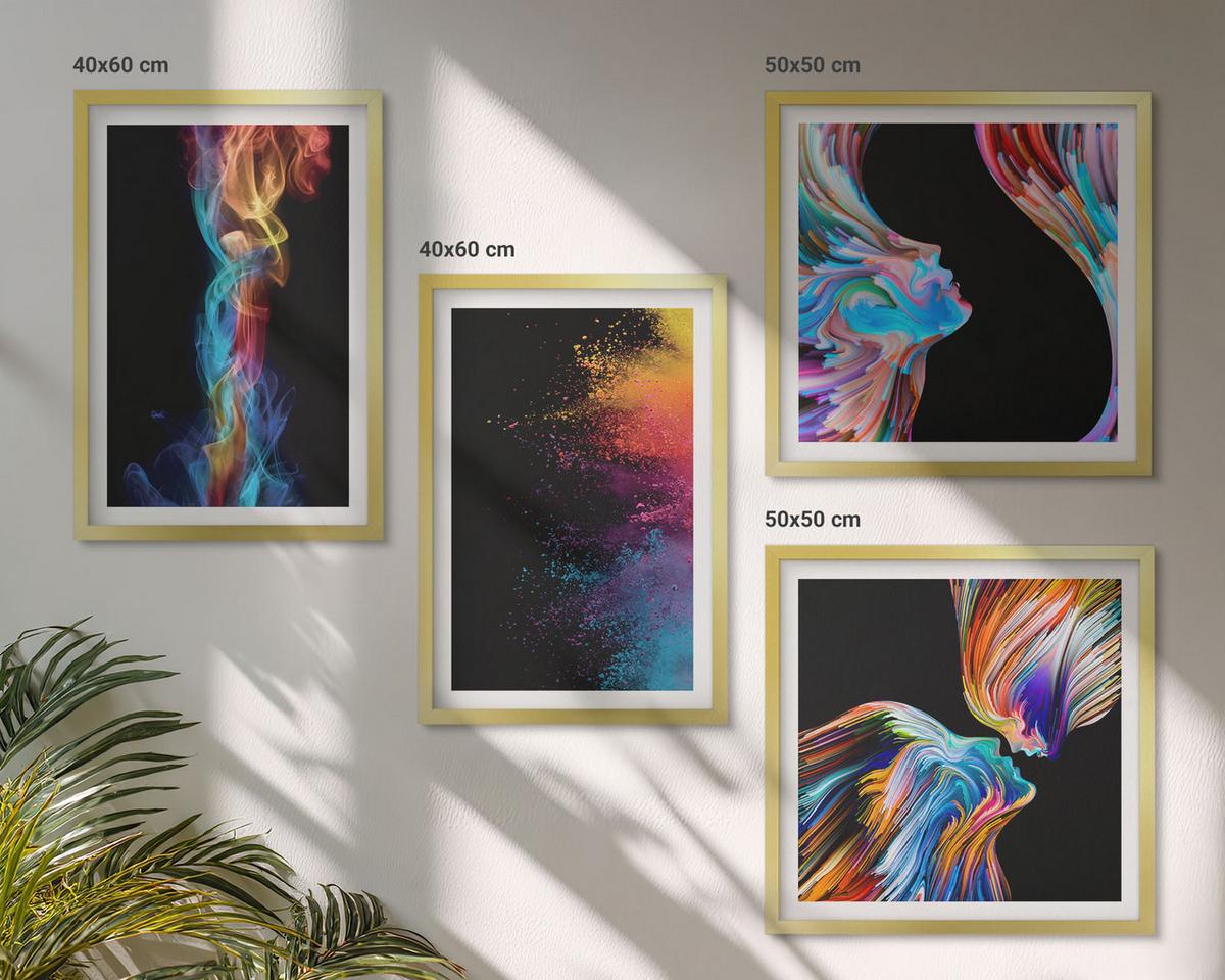 BILDER SET 4er Set - 50x50 cm & 40x60 cm Goldrahmen - Farbenfrohe Abstraktionen, Gesichter, Formen - Goldfarben, Kunststoff (50/50cm) - TULUP