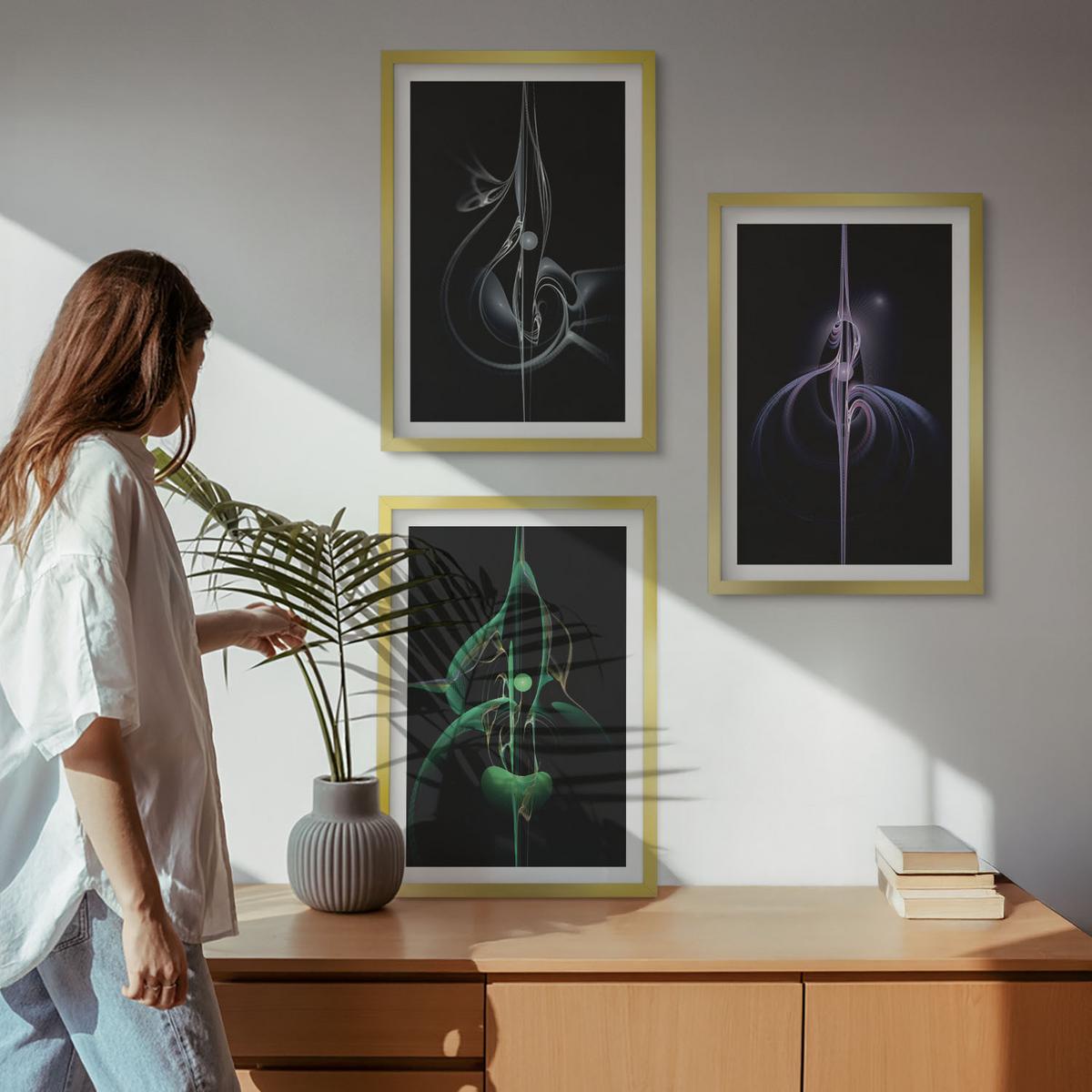 BILDER SET 3er Set - 40x60 cm Goldrahmen - Abstrakte schwarze Farbmuster - Goldfarben, Kunststoff (40/60cm) - TULUP
