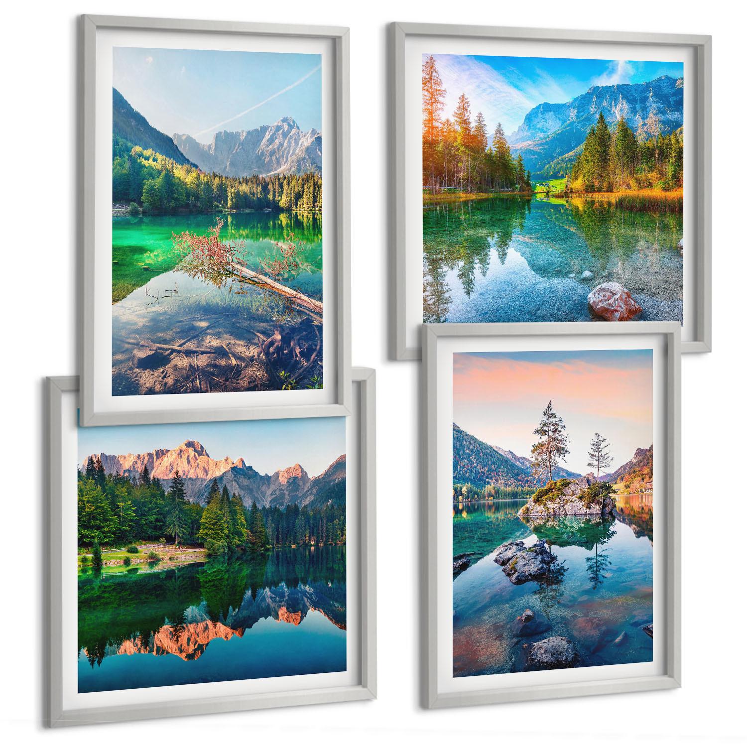 BILDER SET 4er Set - 50x50 cm & 40x60 cm Silberner Rahmen - Naturlandschaft der Bergseen - Silberfarben, Kunststoff (50/50cm) - TULUP