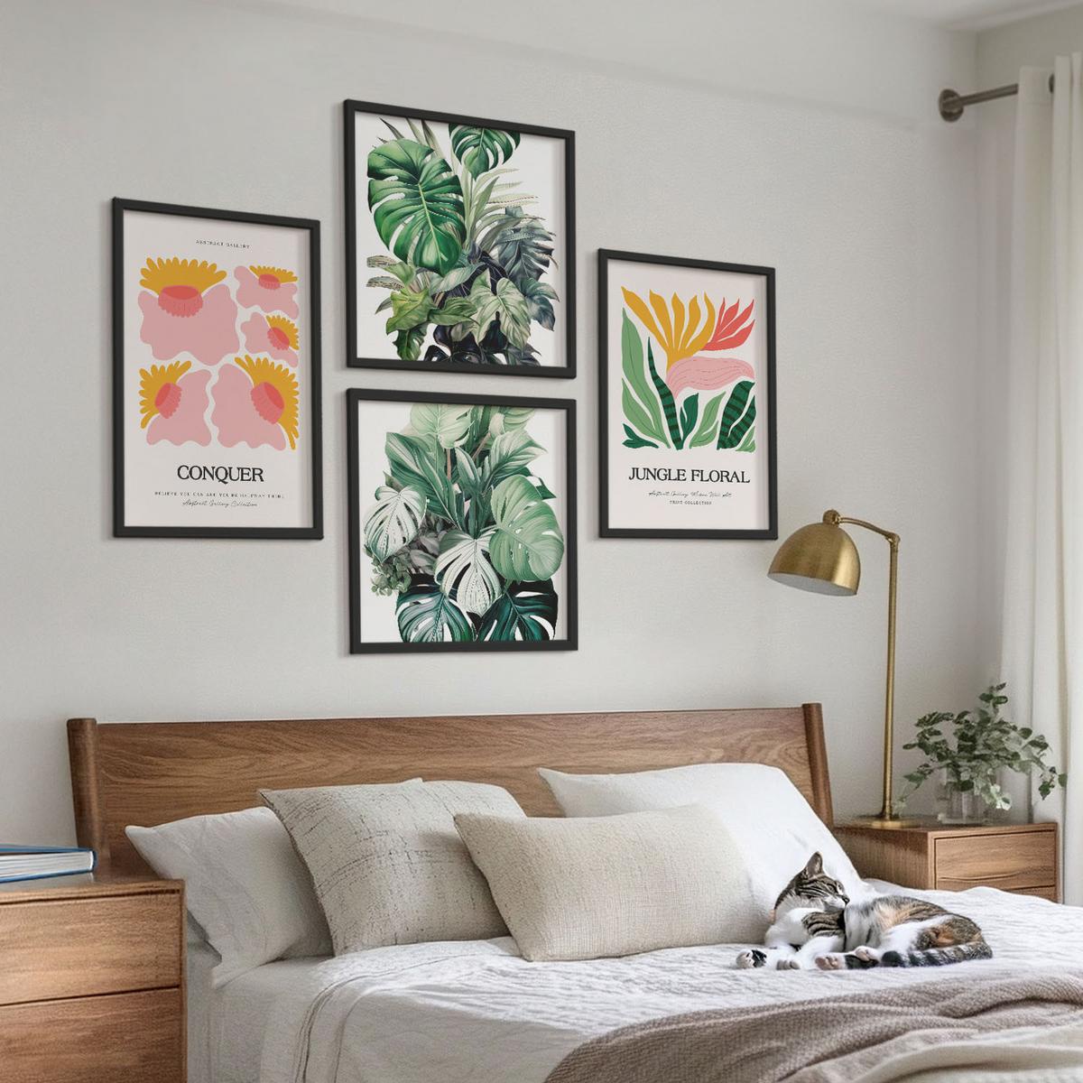BILDER SET 4er Set - 50x50 cm & 40x60 cm Schwarzer Rahmen - Blumen und Blätter – moderne Poster - Schwarz, Kunststoff (50/50cm) - TULUP