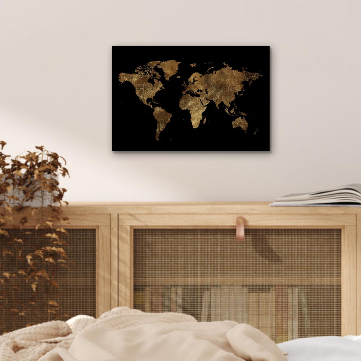 METALLBILD Weltkarte - Gold - Luxus - Erde - Schwarz 30x20 cm - Goldfarben, Metall (30/20cm) - MuchoWow