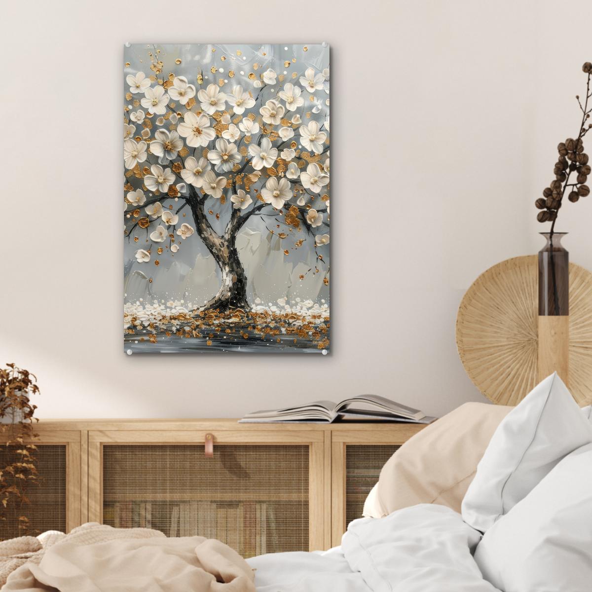 ACRYLGLASBILD Baum - Blumen - Weiß - Natur - Kunst Wanddeko Wohnzimmer 40x60 cm - Weiß, Glas (40/60cm) - MuchoWow