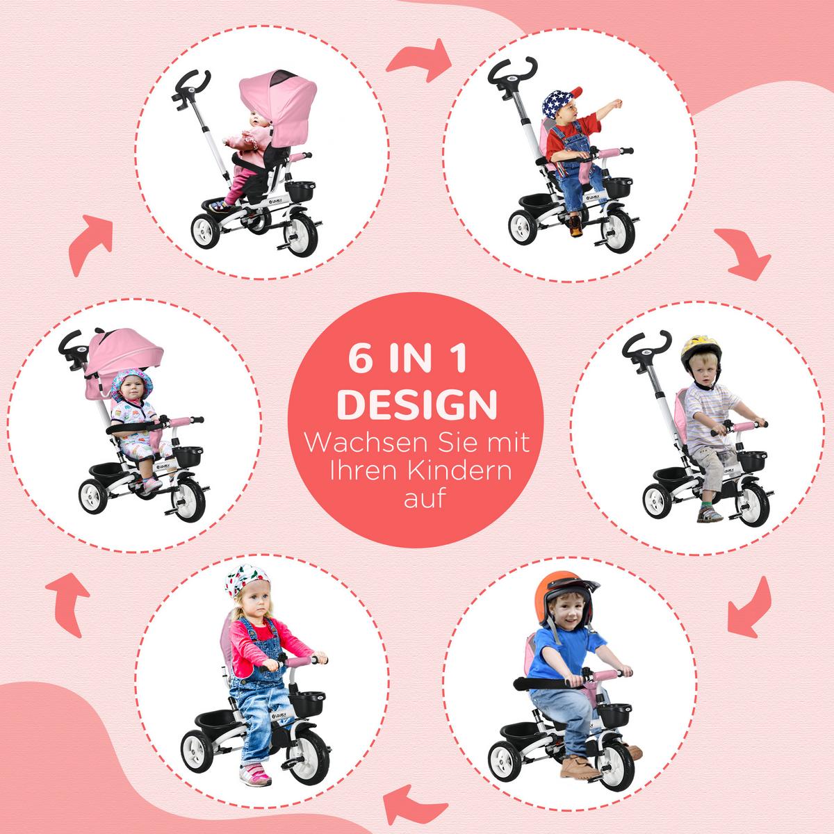 6 in 1 Dreirad mit Schubstange, Kinderdreirad mit Sicherheitsgurt, Sonnendach - Rosa, Metall (112/50/104cm) - HOMCOM