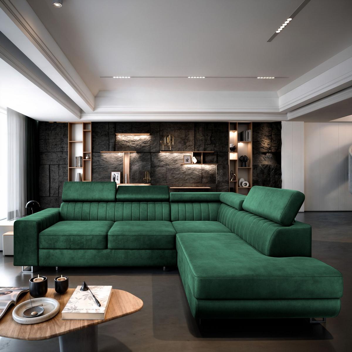 ECKSOFA NOLA R-S Grün Velours-Stoff mit Schlaffunktion - Silberfarben/Grün, Holz/Textil (253/190cm) - MASSENO