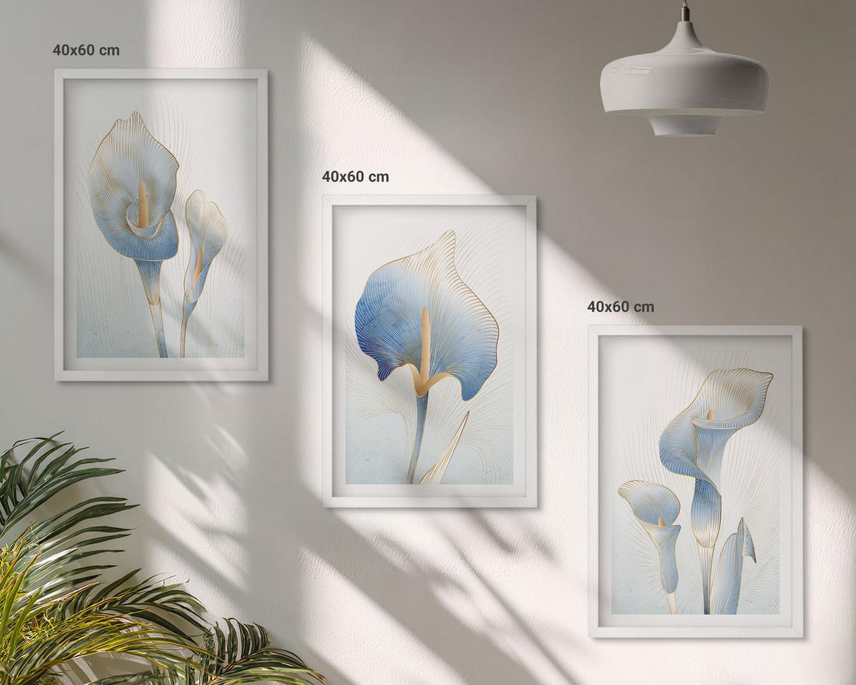 BILDER SET 3er Set - 40x60 cm Weißer Rahmen - Blaue Blumen im Hintergrund - Weiß, Kunststoff (40/60cm) - TULUP
