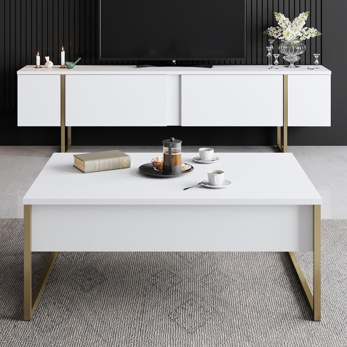 TV-MÖBEL mit 2 Klapptüren Luxe 180/30/50 cm - Goldfarben/Weiß, Holzwerkstoff (180/50/30cm) - Calicosy