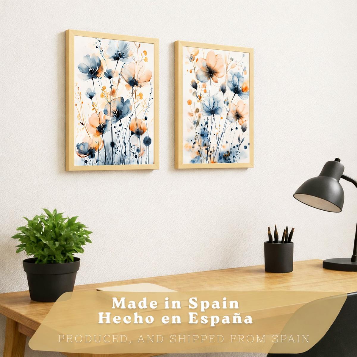POSTER 2er-Set Wandbilder Blumen Blau Orange Boho modern Wohnzimmer Deko, Schlafzimmer, Küche, Badezimmer Rahmenlos A3 - Beige, Papier (29.7/1/42cm) - Nacnic