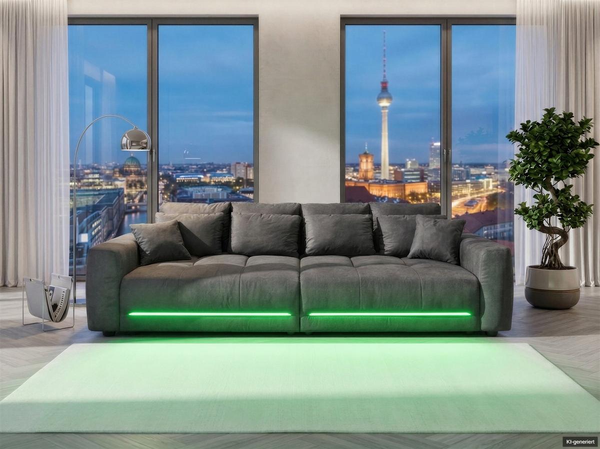 BIG-SOFA Federkern B294/T136/H86 cm, RGB-LED-Beleuchtung mit Fernbedienung, Mikrofaserstoff in Anthrazit / 15415 - Anthrazit/Schwarz, Kunststoff/Textil (294/86/136cm) - luma-home