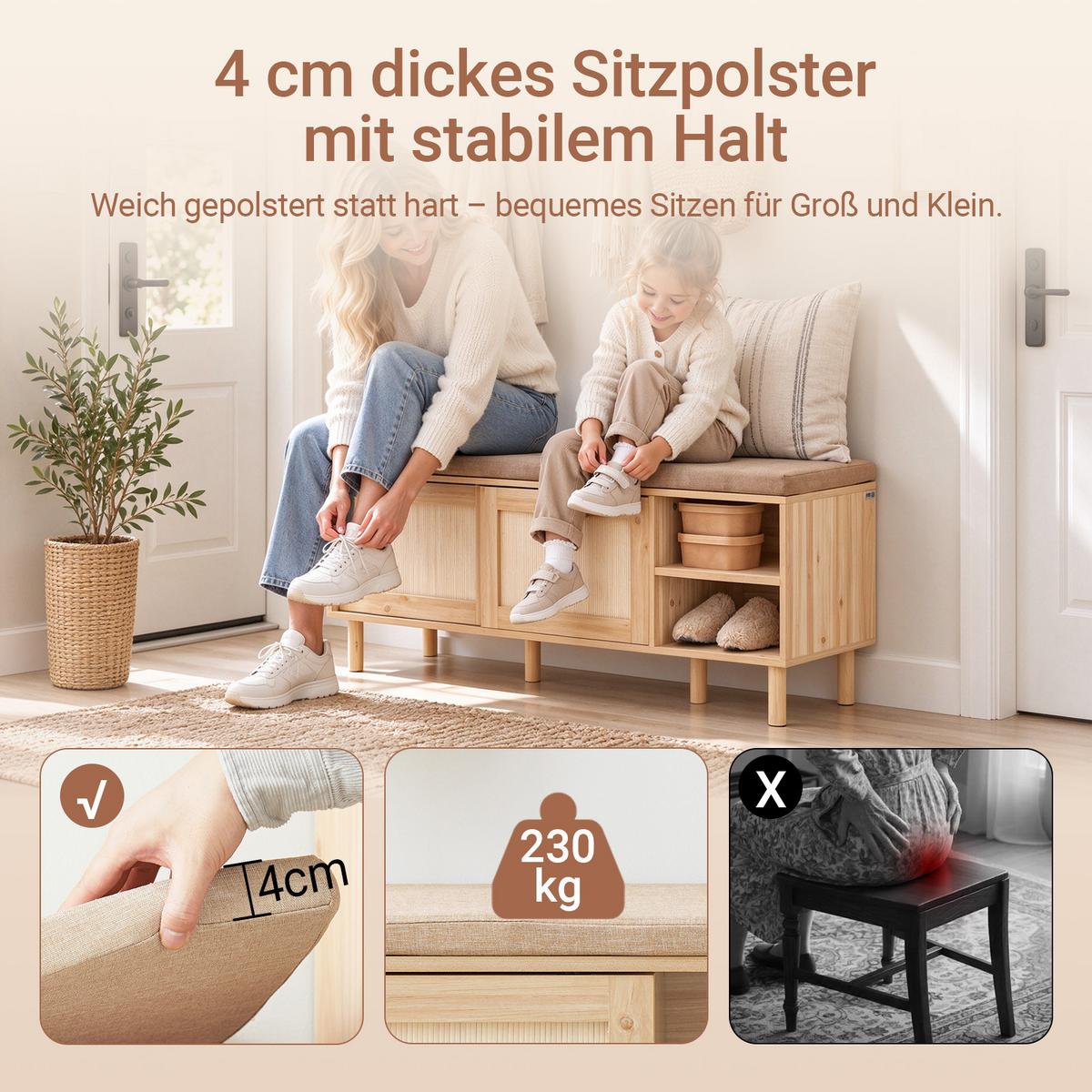 SITZBANK mit Stauraum, Natur, 121x49x35cm, 6 Fächer, Sitzkissen, für Flur, Diele und Schlafzimmer - Naturfarben, Naturmaterialien/Holzwerkstoff (121/49/35cm) - SoBuy