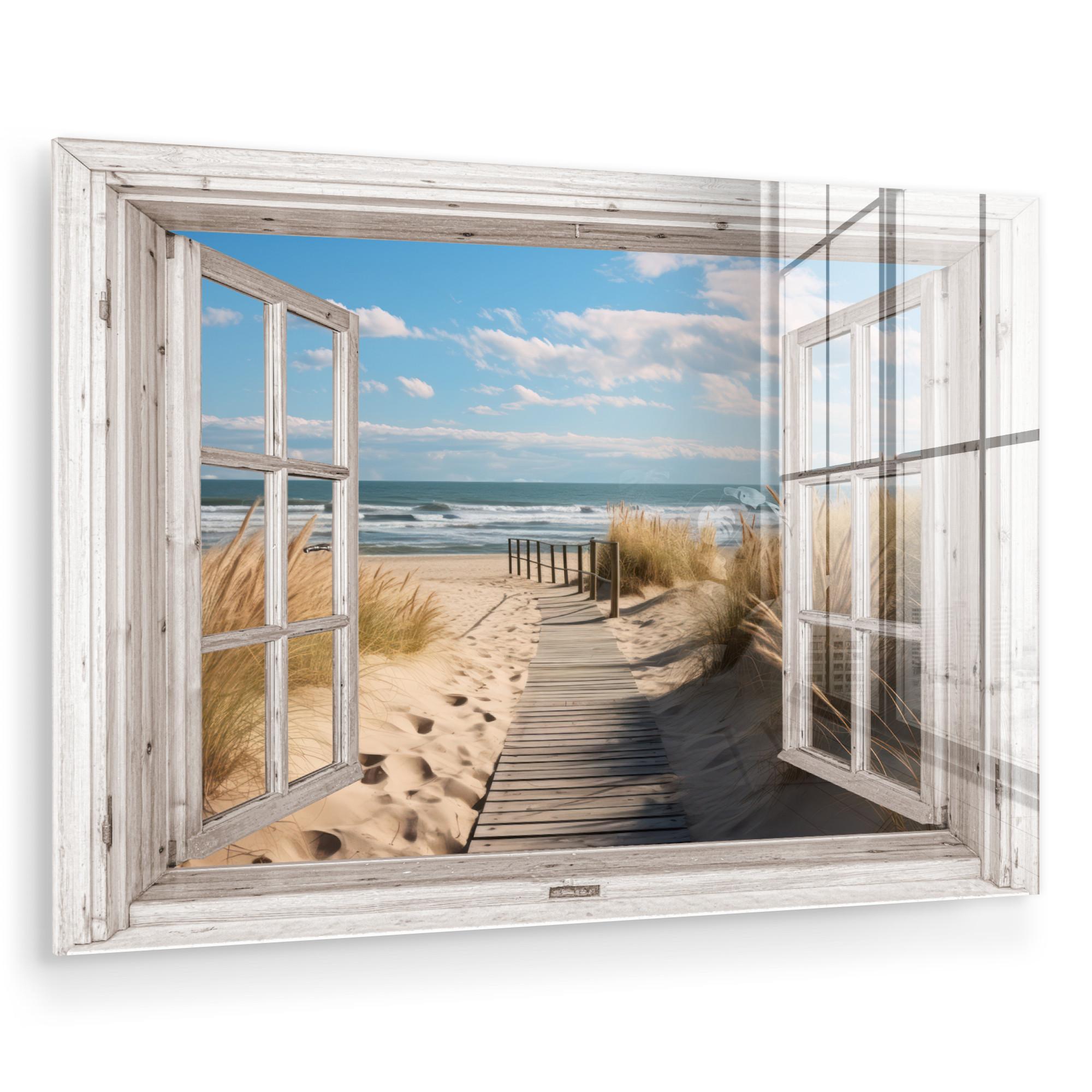 ACRYLGLASBILD Fenster - Meer - Küste - Natur - Ausblick - Strand - Wattenmeer Wandbild Schlafzimmer 120x80 cm - Beige, Glas (120/80cm) - MuchoWow