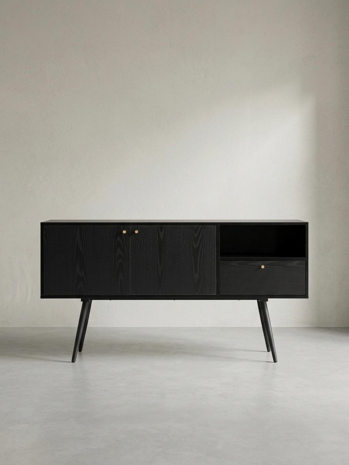 SIDEBOARD – Schwarz/Eiche-Dekor, 140x75x40 cm, mit 2 Türen, Schublade, offenes Fach - Schwarz, Holzwerkstoff/Metall (140/75/40cm) - KADIMA DESIGN
