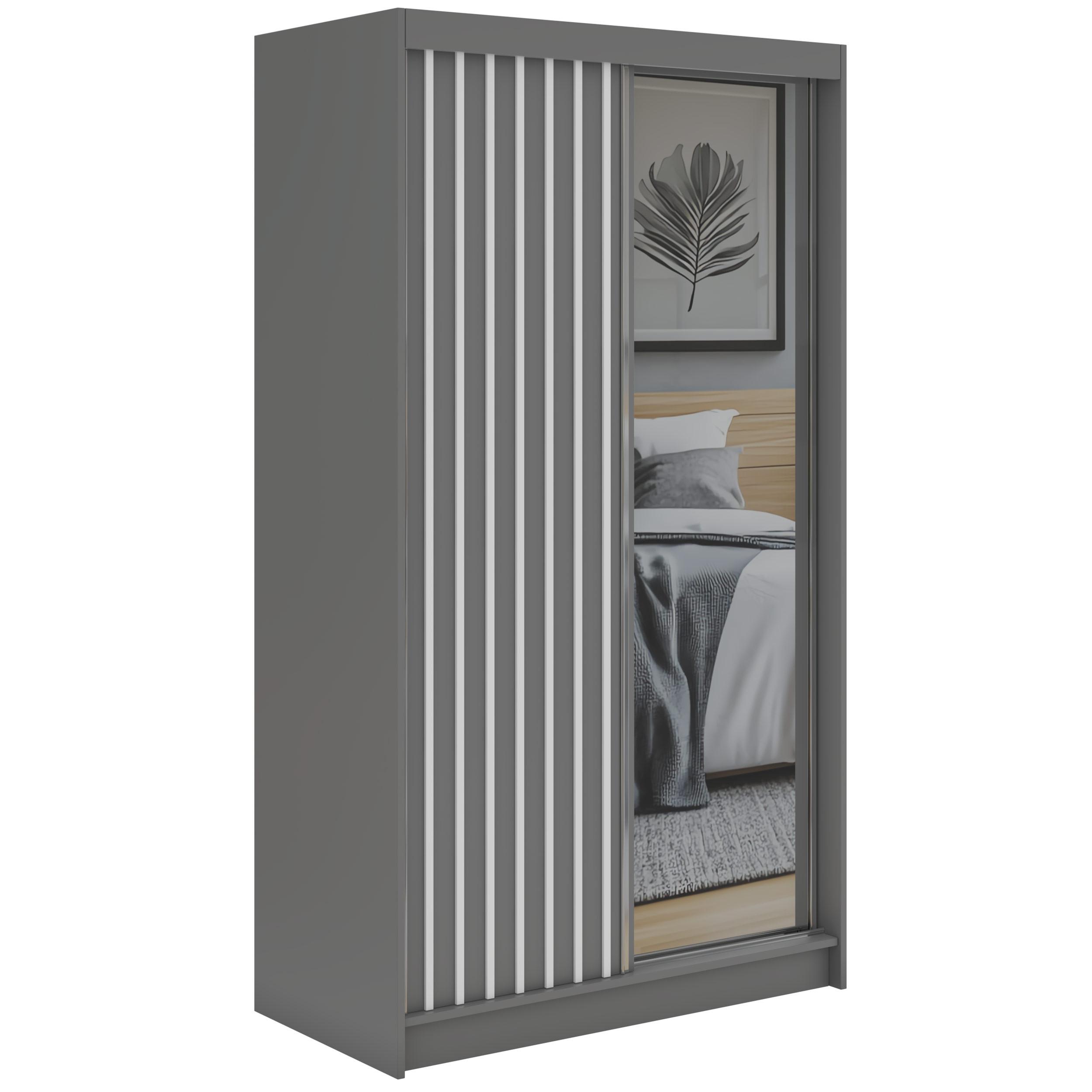 SCHWEBETÜRENSCHRANK mit Spiegel und Schubladen LAOS - 120 - Grau - Weiß Lamellen - Alufarben/Weiß, Holzwerkstoff/Metall (120/216/61cm) - MKS