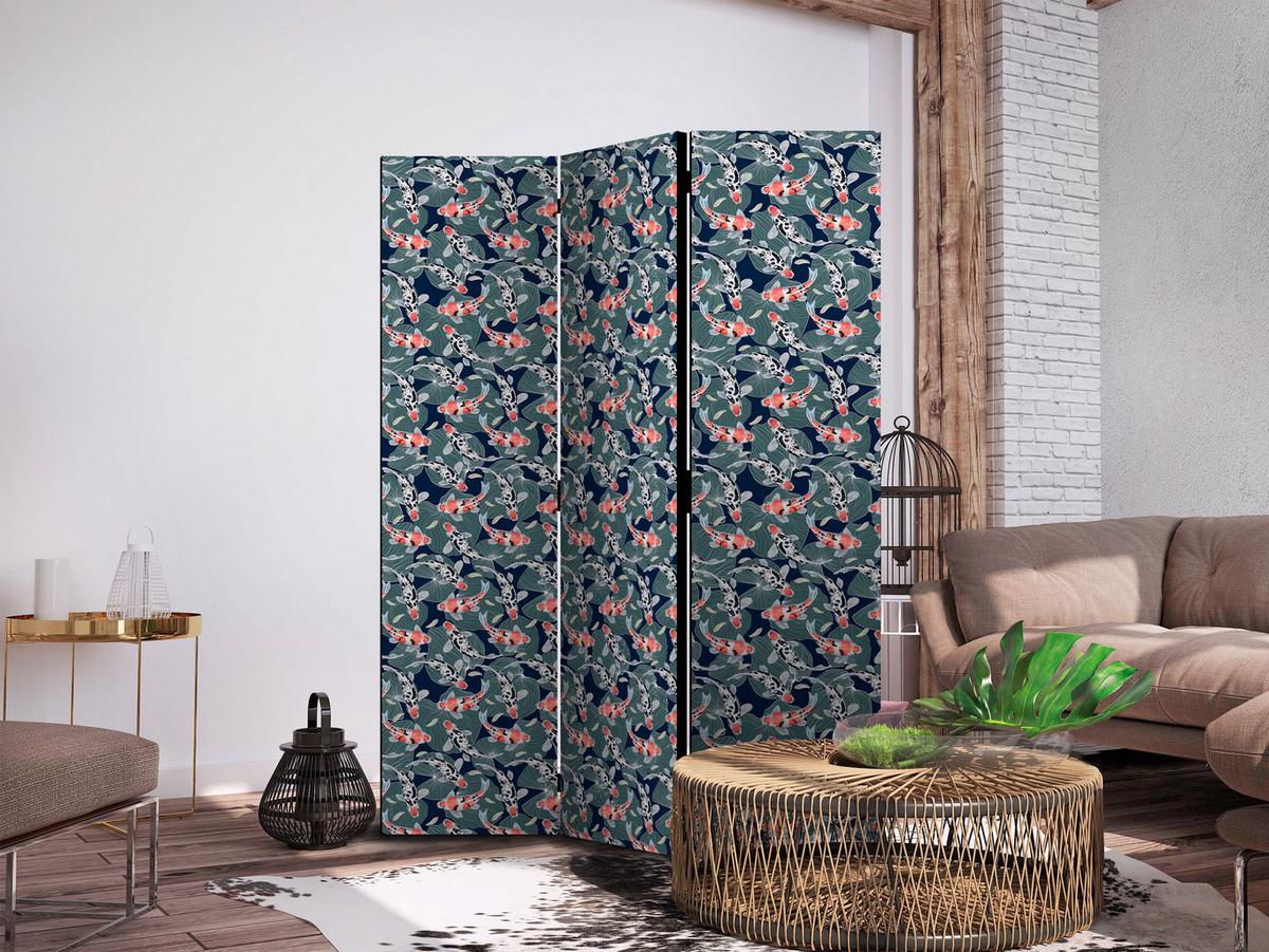 PARAVENT Akustik 3-tlg 135x172 cm Kois und Bl tter - Multicolor, Holz/Textil (135/172/3cm) - Muralo