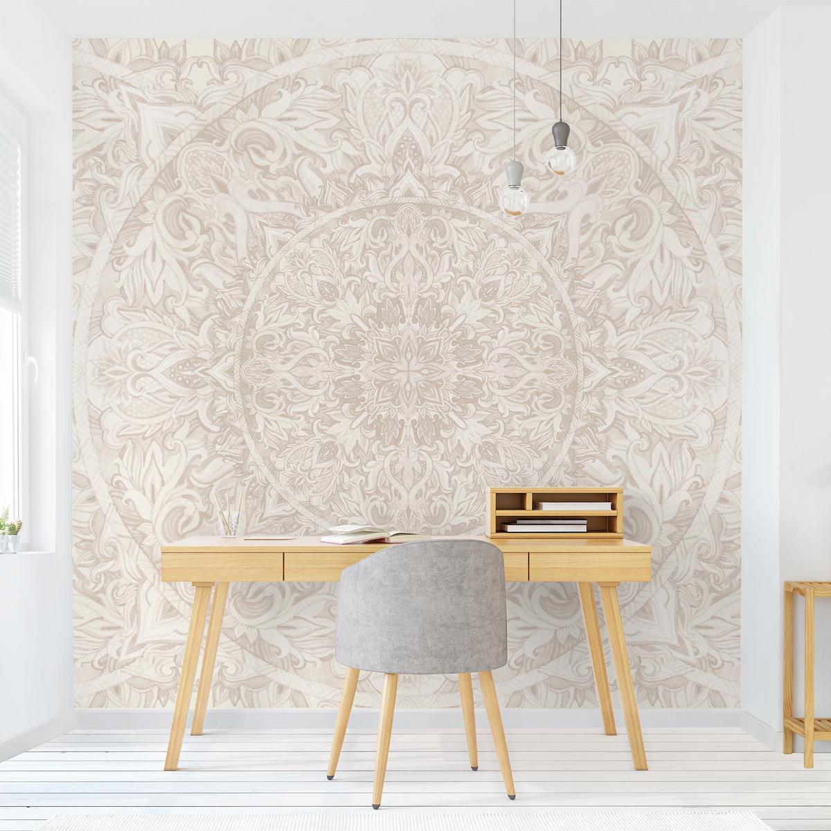 FOTOTAPETE Mandala Aquarell Muster Ornament beige 240/240 cm - Eichefarben, Papier (240/240cm) - Bilderwelten