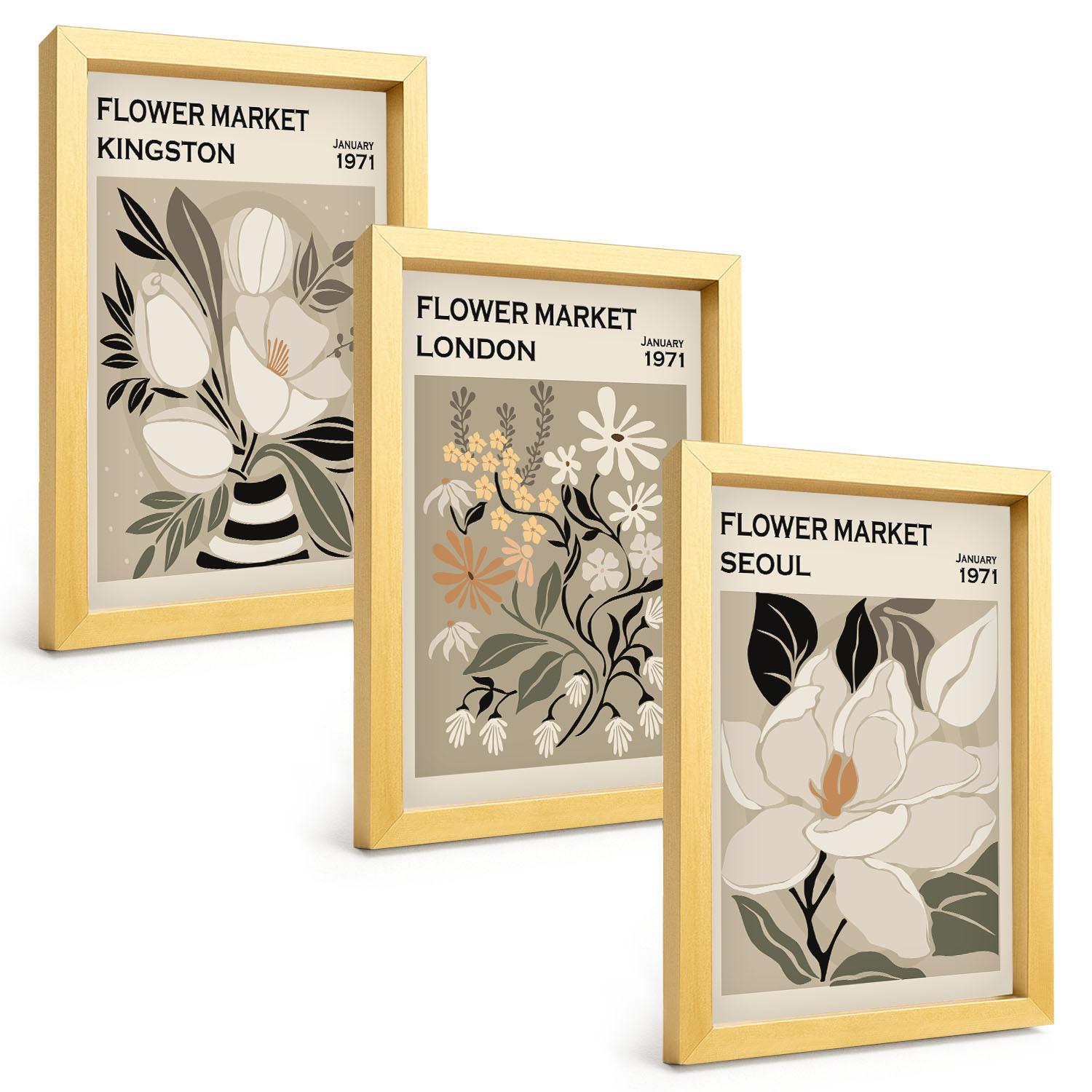 BILDER SET 3er Set - 20x30 cm Goldrahmen - Retro-Blumen aus Städten rund um die Welt - Goldfarben, Kunststoff (20/30cm) - TULUP