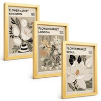 BILDER SET 3er Set - 20x30 cm Goldrahmen - Retro-Blumen aus Städten rund um die Welt - Goldfarben, Kunststoff (20/30cm) - TULUP