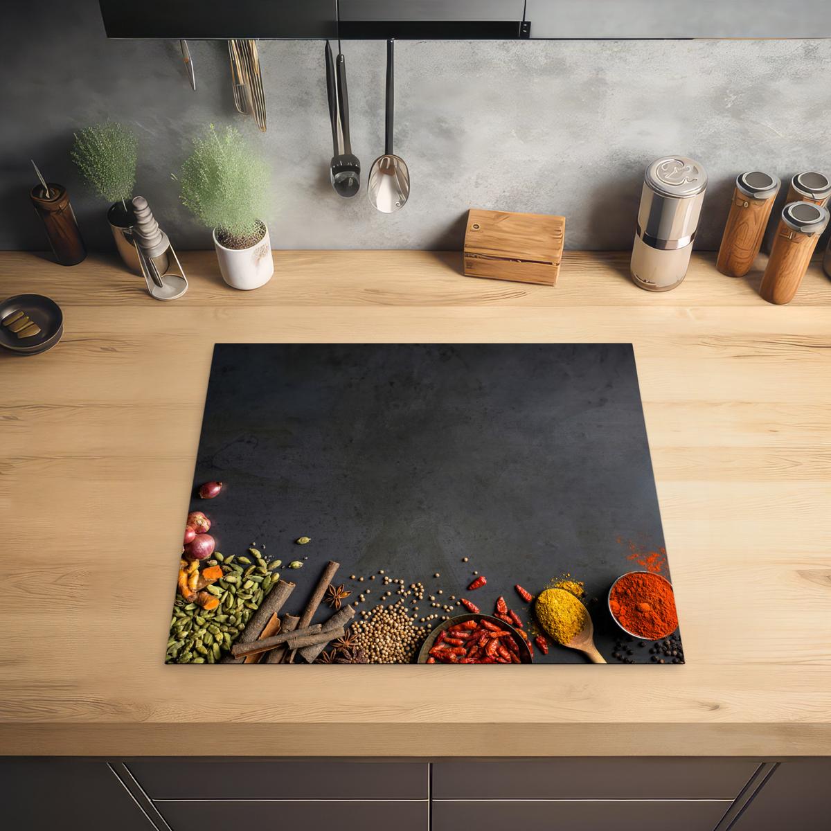 HERDABDECKPLATTE Kräuter - Lebensmittel - Gewürze - Schwarz - Paprika - Zimt Ceranfeldabdeckung 59x52 cm - Currygelb, Kunststoff (59/52/0.2cm) - MuchoWow
